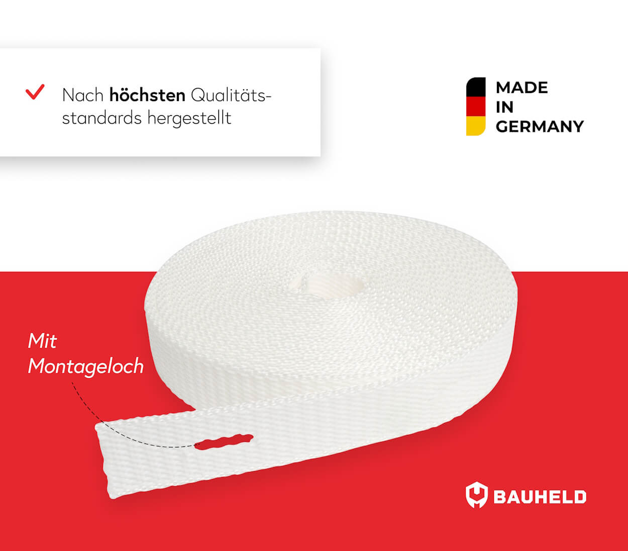 Eine Rolle weißes Gewebeband mit Montageloch, Made in Germany.