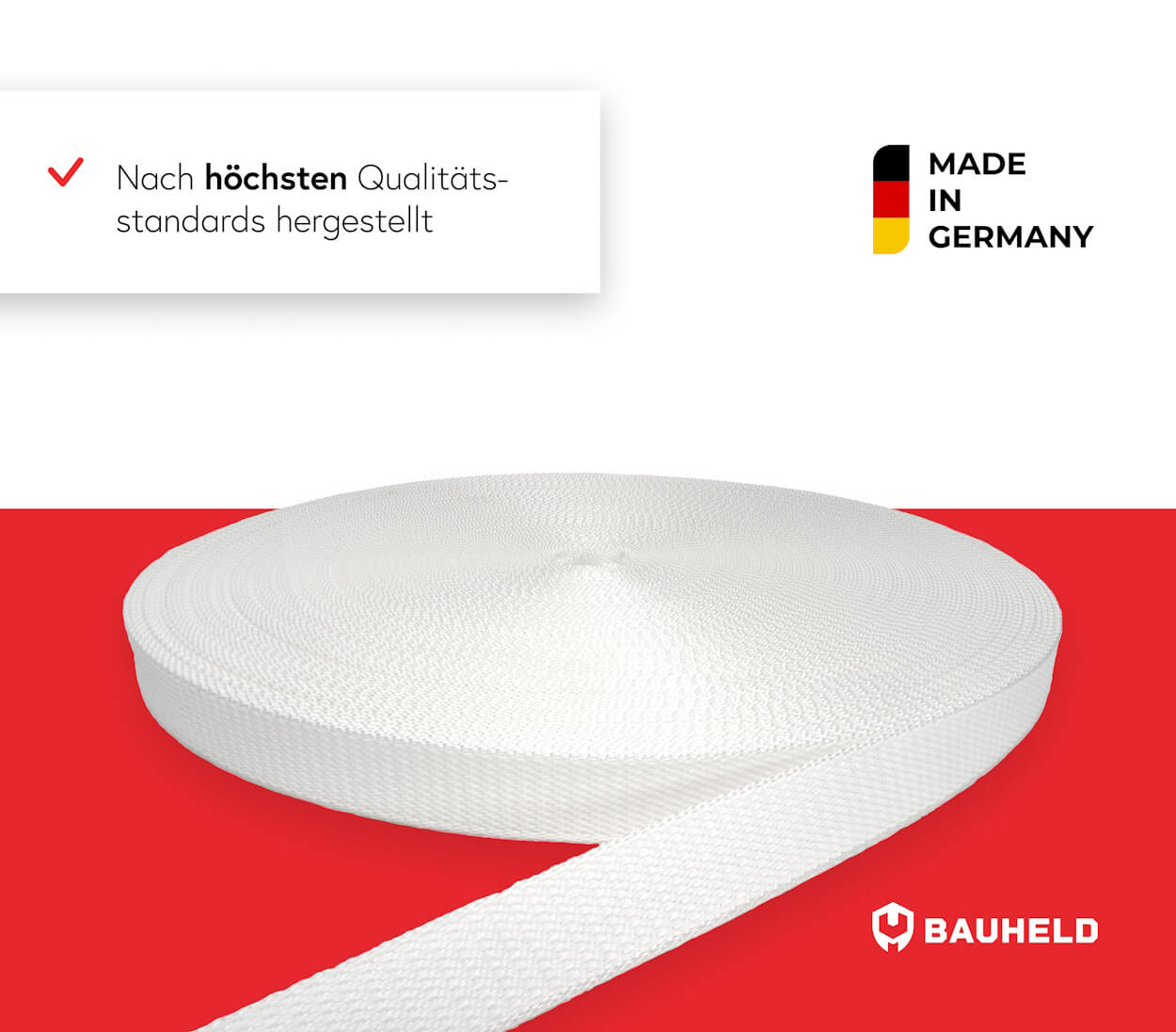 Rolle aus weißem Gurtband auf rotem Hintergrund, Made in Germany Logo.