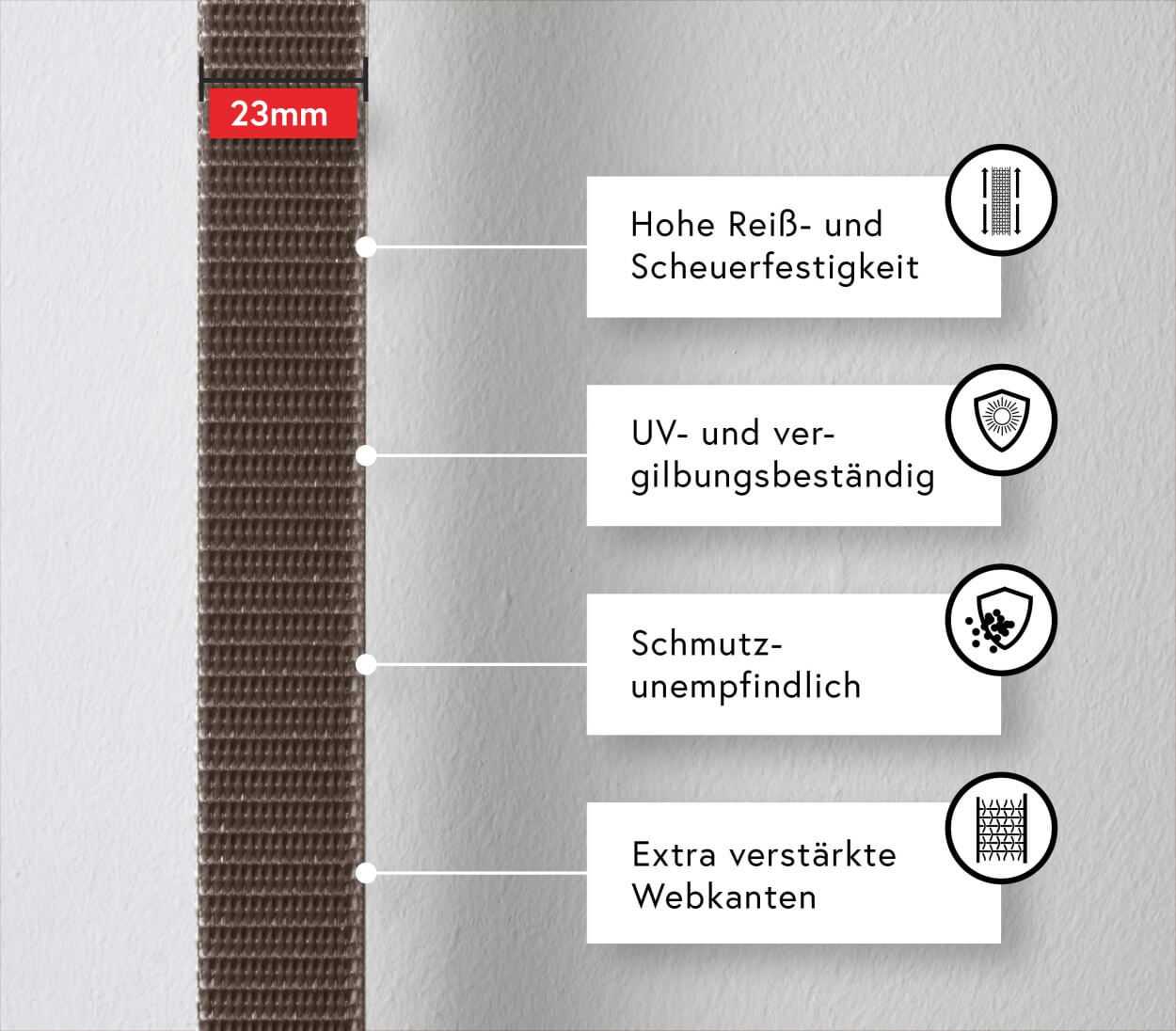 Braunes Band mit Textfeldern: Hohe Reißfestigkeit, UV-beständig, Schmutzunempfindlich, verstärkte Webkanten.