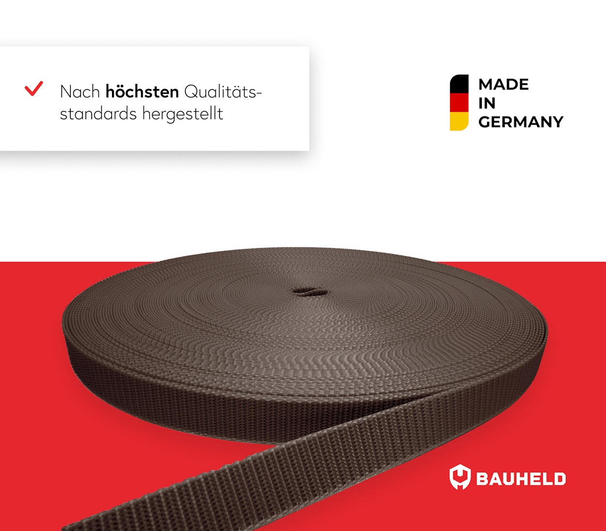 Eine braune Gewebebandrolle mit einem freiliegenden Band auf rotem Hintergrund.