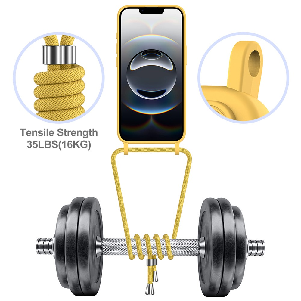 Lanière de téléphone jaune de 35 lb de résistance à la traction tenant un iPhone et deux haltères.
