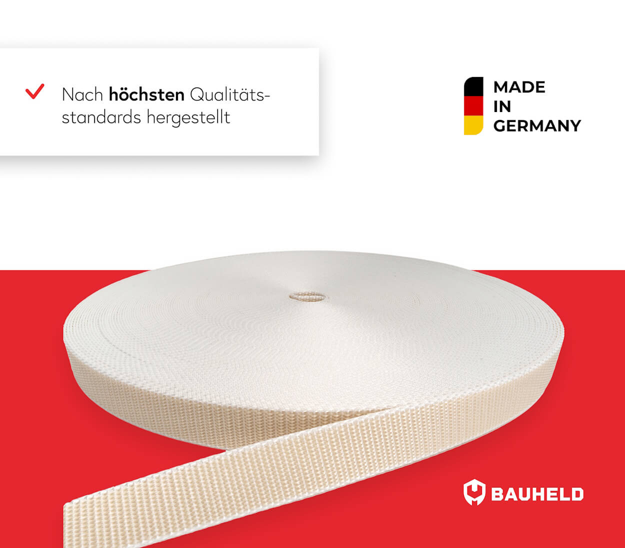 Eine Rolle cremefarbener Gurtband auf rotem Hintergrund.