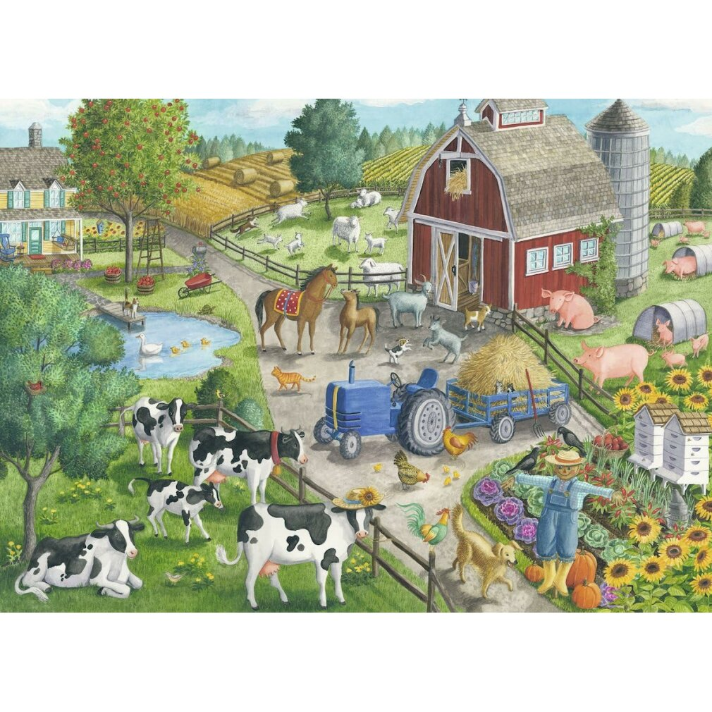 Una scena di fattoria con mucche, cavalli, maiali, polli, un trattore blu e un fienile.