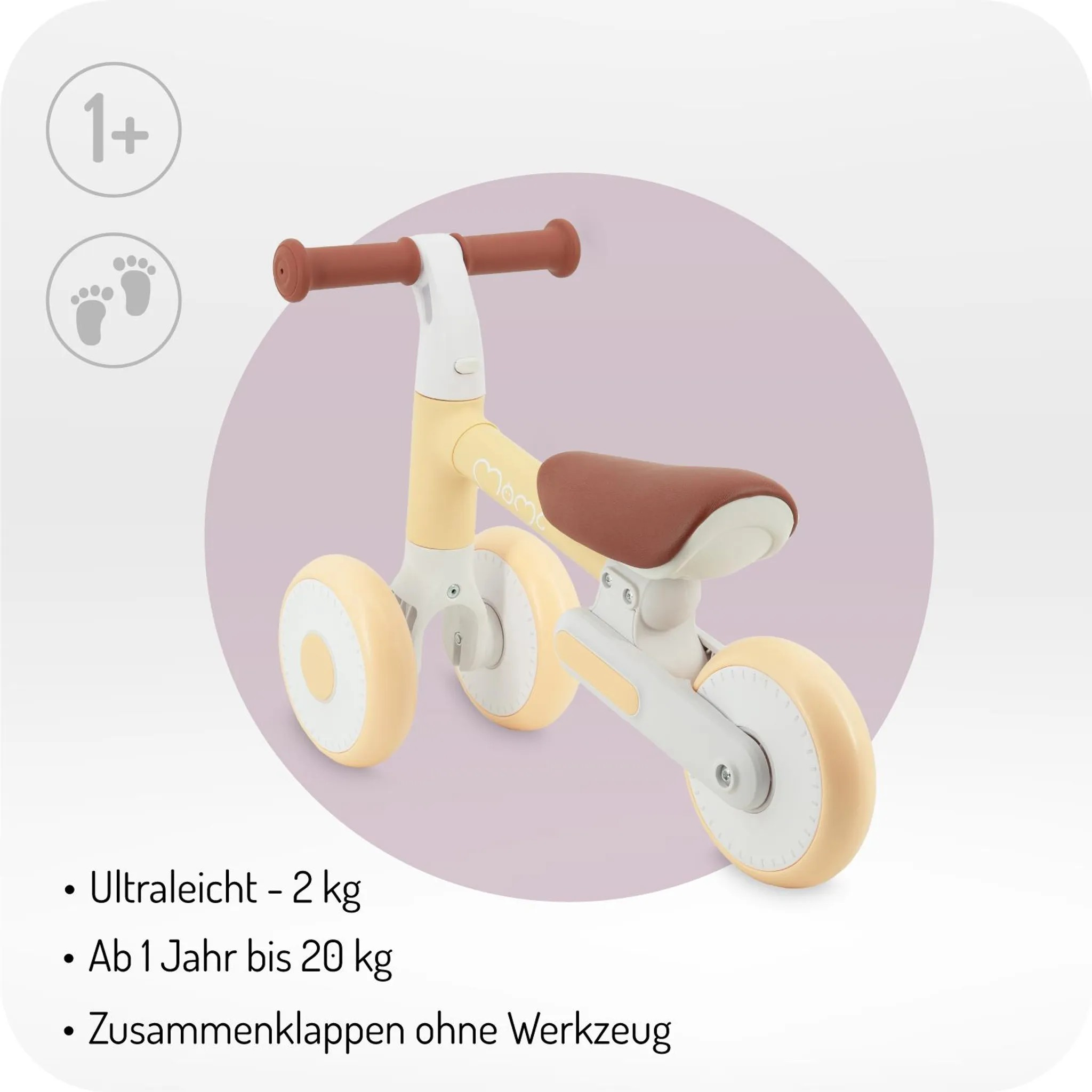 Ein gelbes Laufrad für Kleinkinder mit braunen Griffen und Sattel.