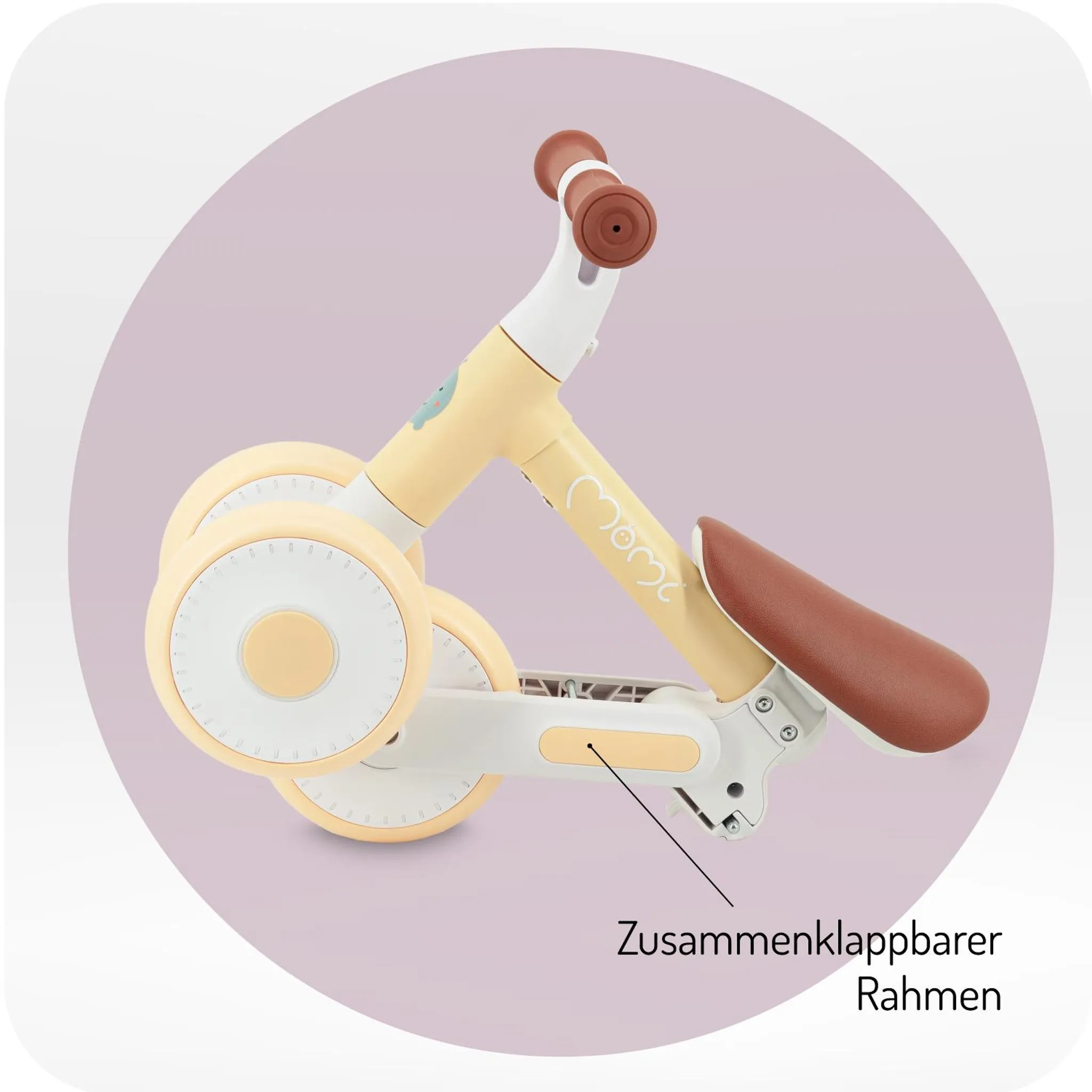 Ein gelbes Laufrad mit braunem Sattel und Griffen vor einem lila Hintergrund.