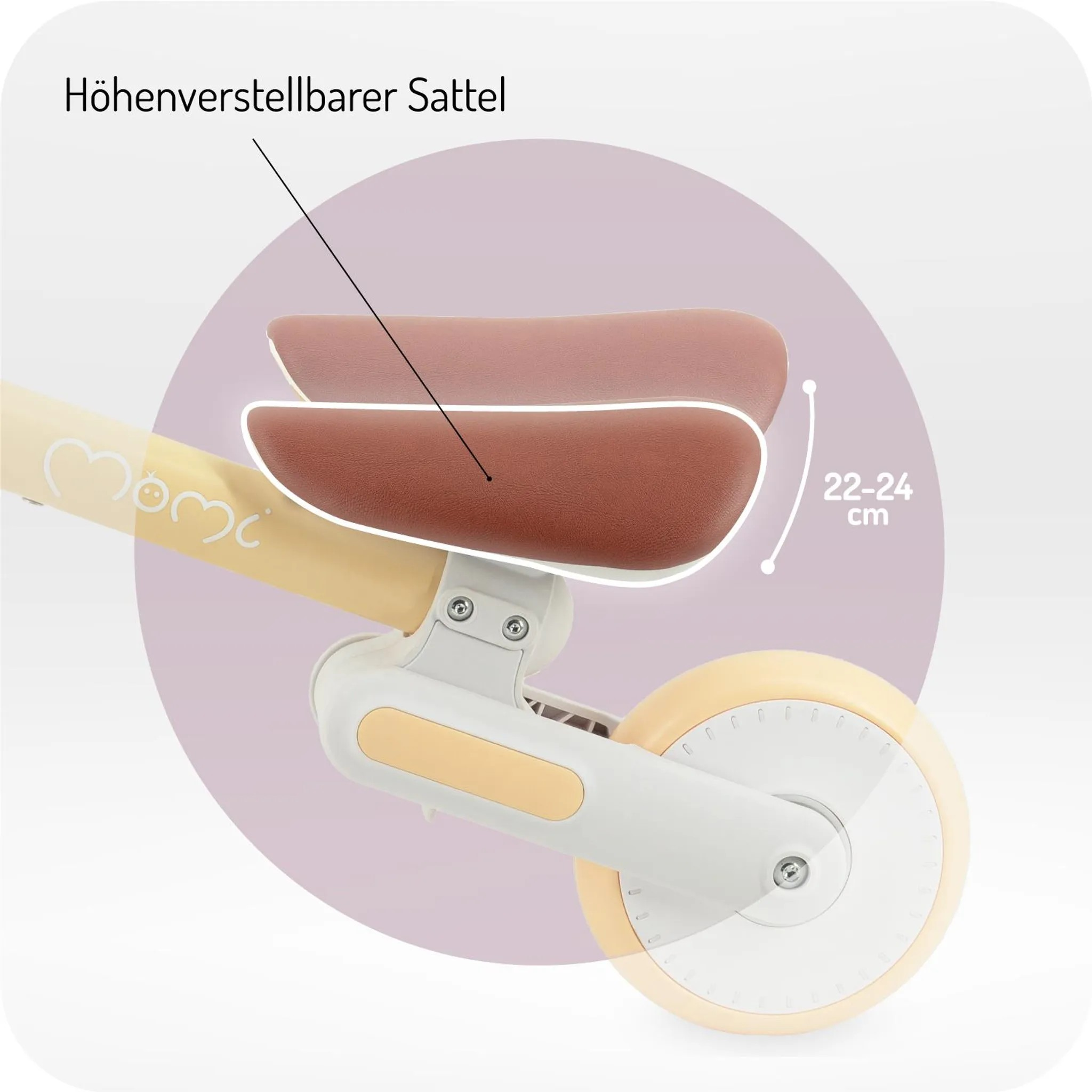 Höhenverstellbarer Sattel eines gelben Laufrads mit weißem Rad und lila Kreis.