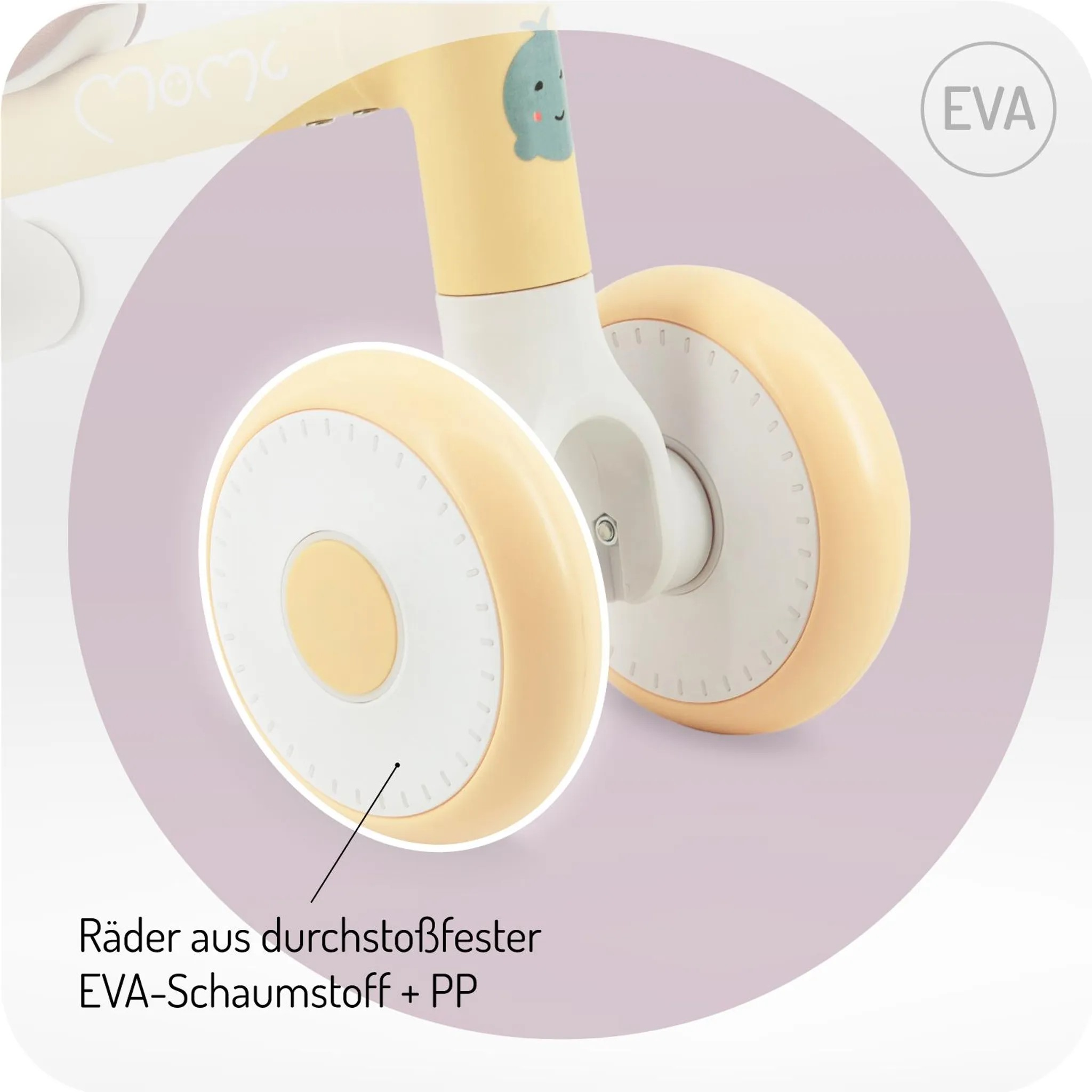 Gelbes Laufrad mit EVA-Schaumstoffrädern und süßem Wal-Aufdruck. EVA-Logo.