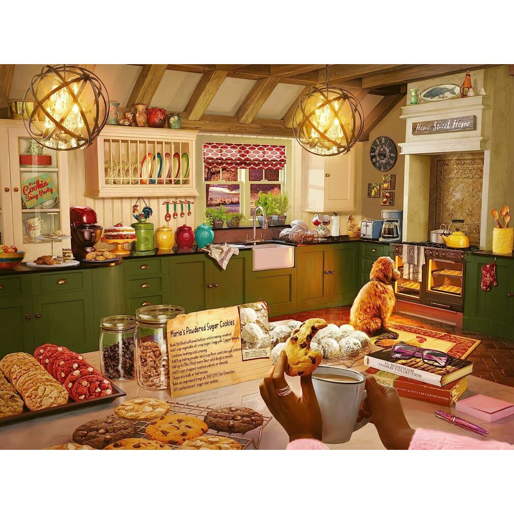 Una cucina accogliente con un cane, biscotti e ingredienti per dolci sul bancone.