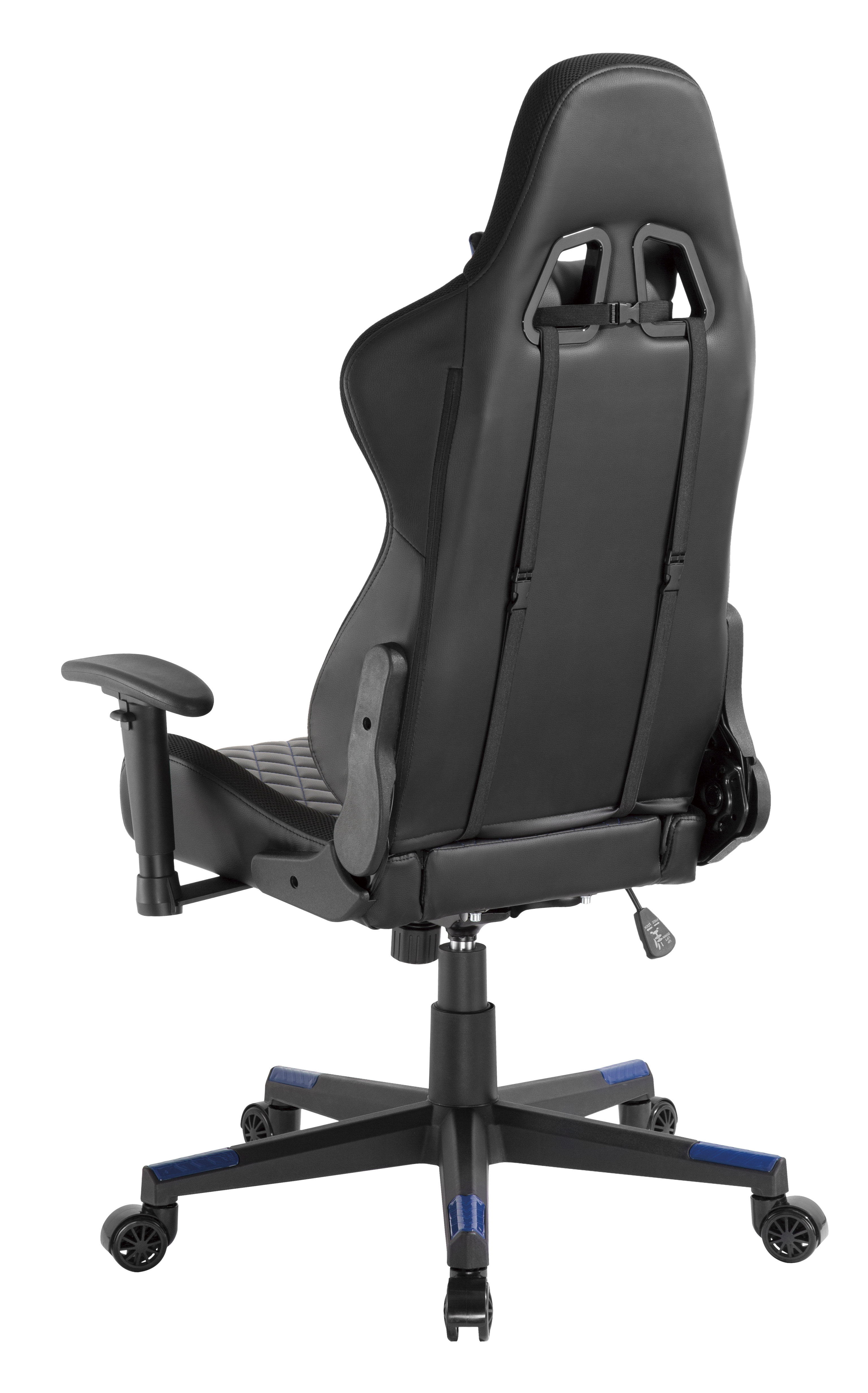 Schwarzer Gamingstuhl mit blauen Akzenten, von hinten gesehen.