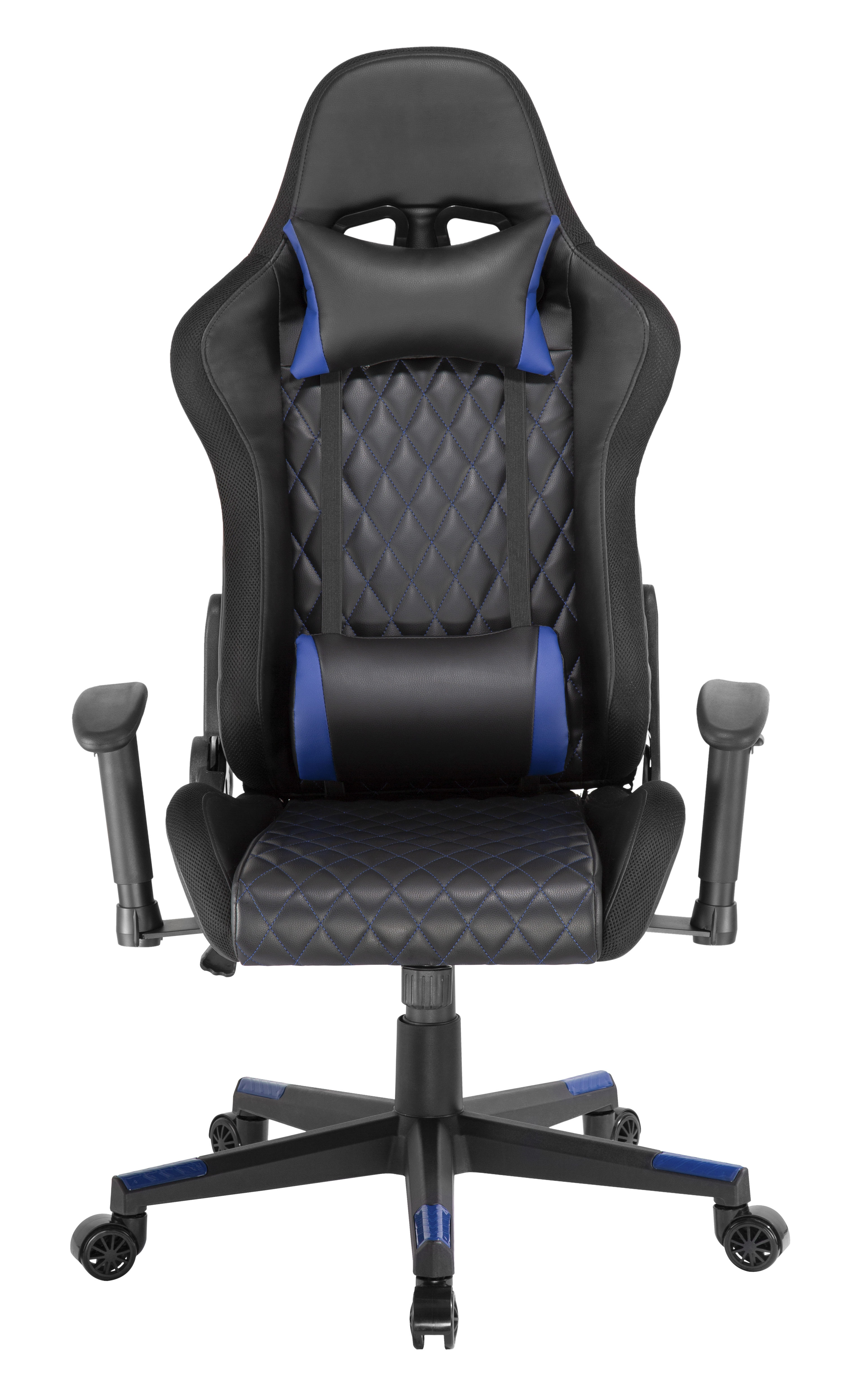 Schwarzer Gaming-Stuhl mit blauen Akzenten, verstellbaren Armlehnen und Rollen.
