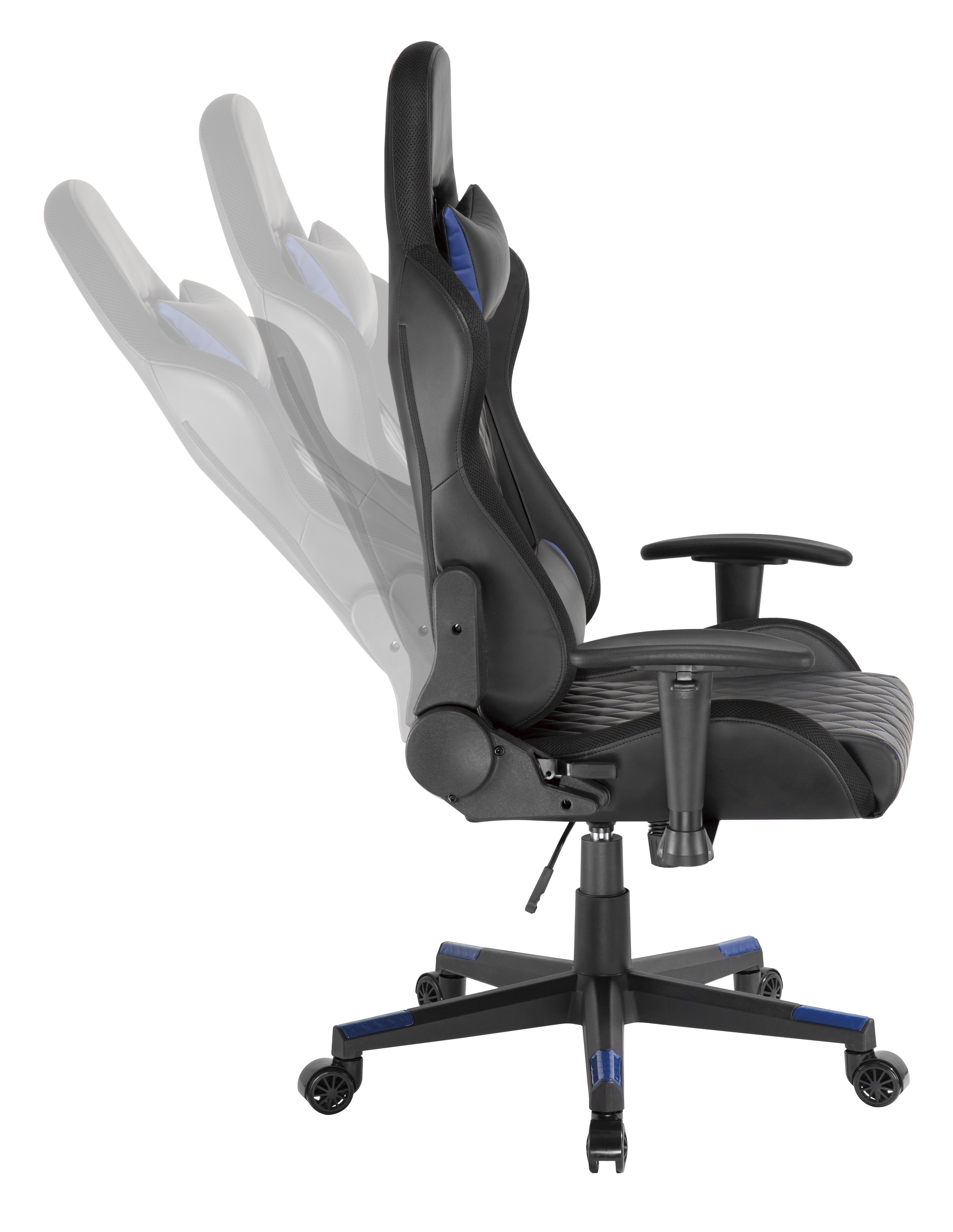 Schwarzer Gaming-Stuhl mit blauen Akzenten, verstellbare Rückenlehne, auf weißem Hintergrund.