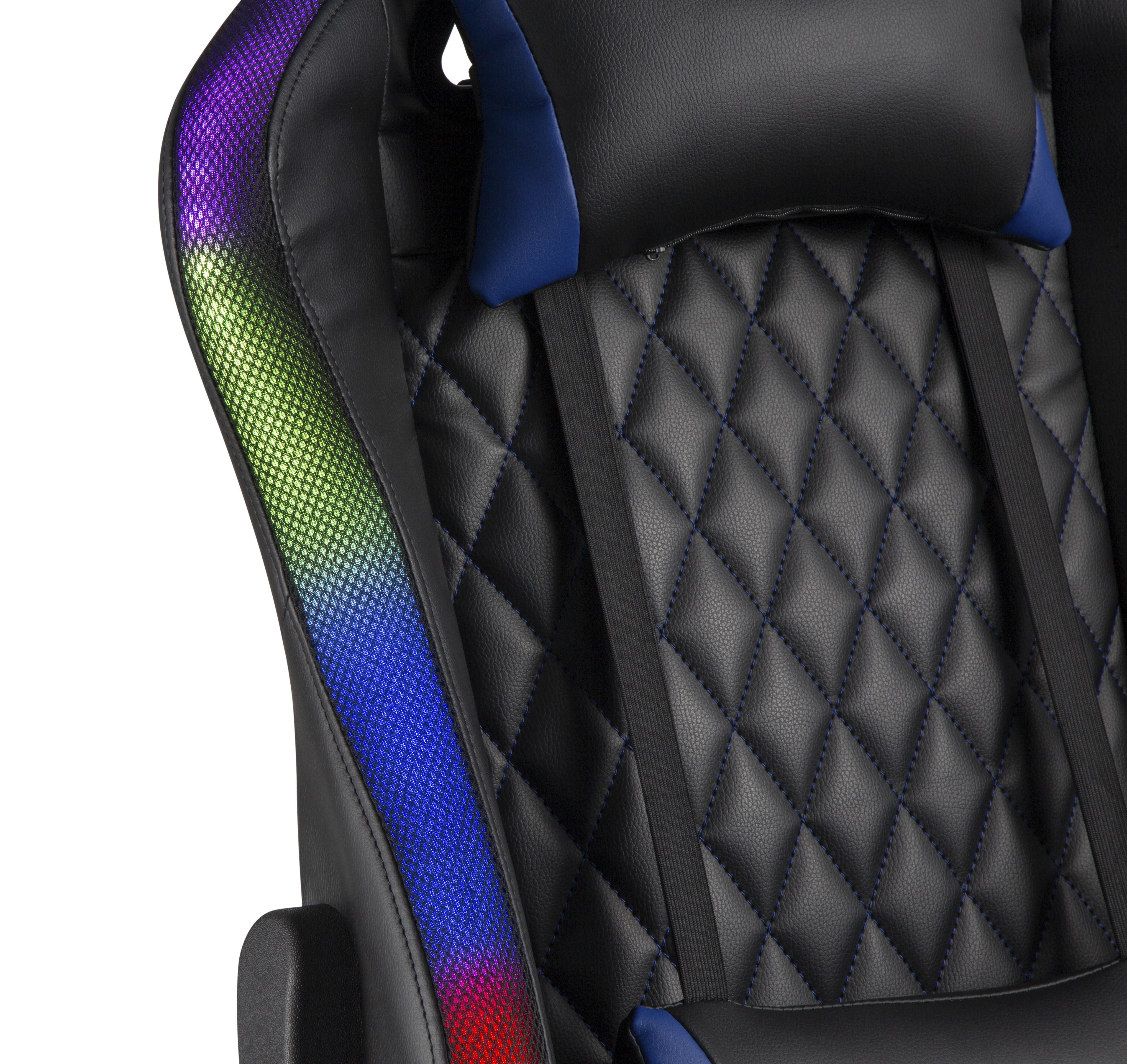 Ein schwarzer Gaming-Stuhl mit gesteppten Polstern und RGB-Beleuchtung.