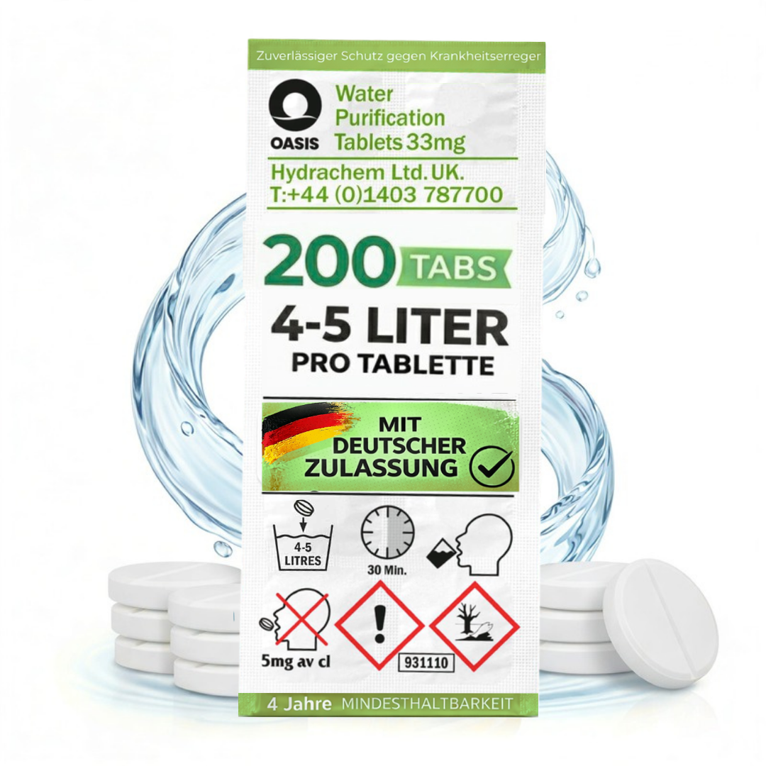 Verpackung für Oasis Wasserreinigungstabletten, 200 Stück, 33mg, für 4-5 Liter Wasser.