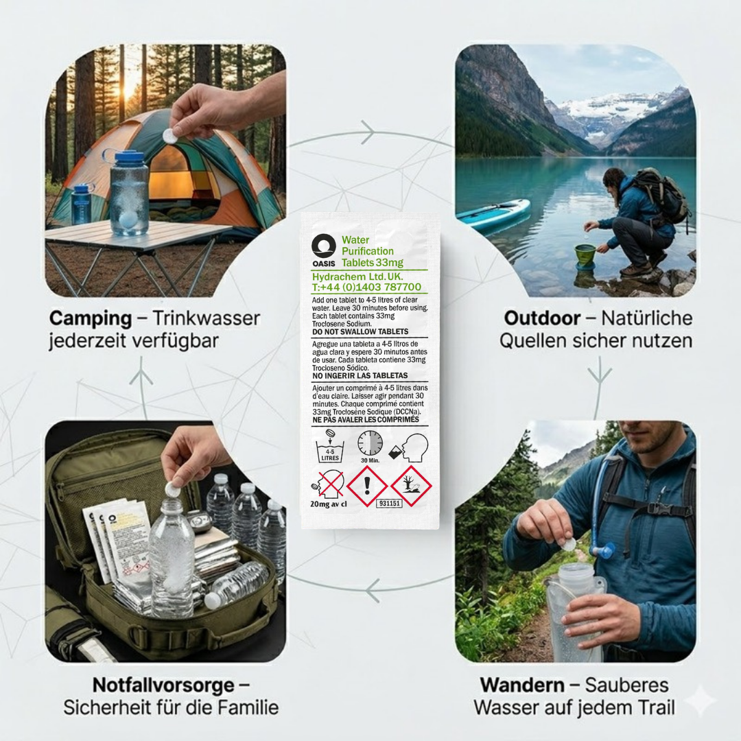 Vier Szenen mit Wasseraufbereitungstabletten: Camping, Outdoor, Notfall und Wandern.