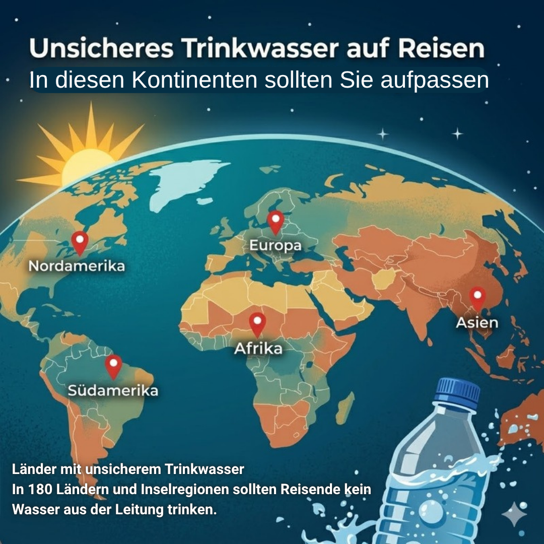 Weltkarte mit Warnhinweisen zu unsicherem Trinkwasser auf Reisen.