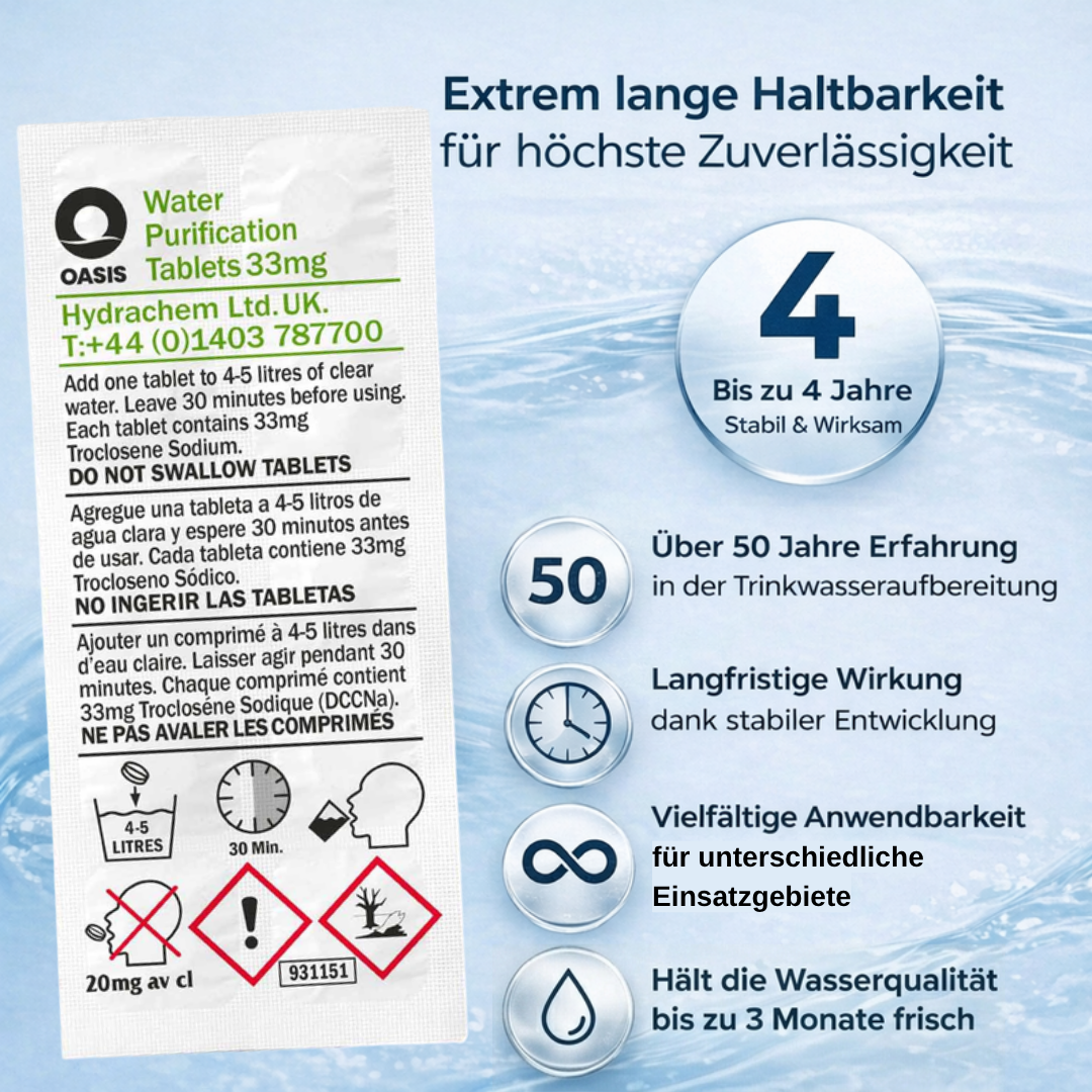 OASIS Wasserreinigungstabletten: 33mg, 4 Jahre haltbar, 50 Jahre Erfahrung.