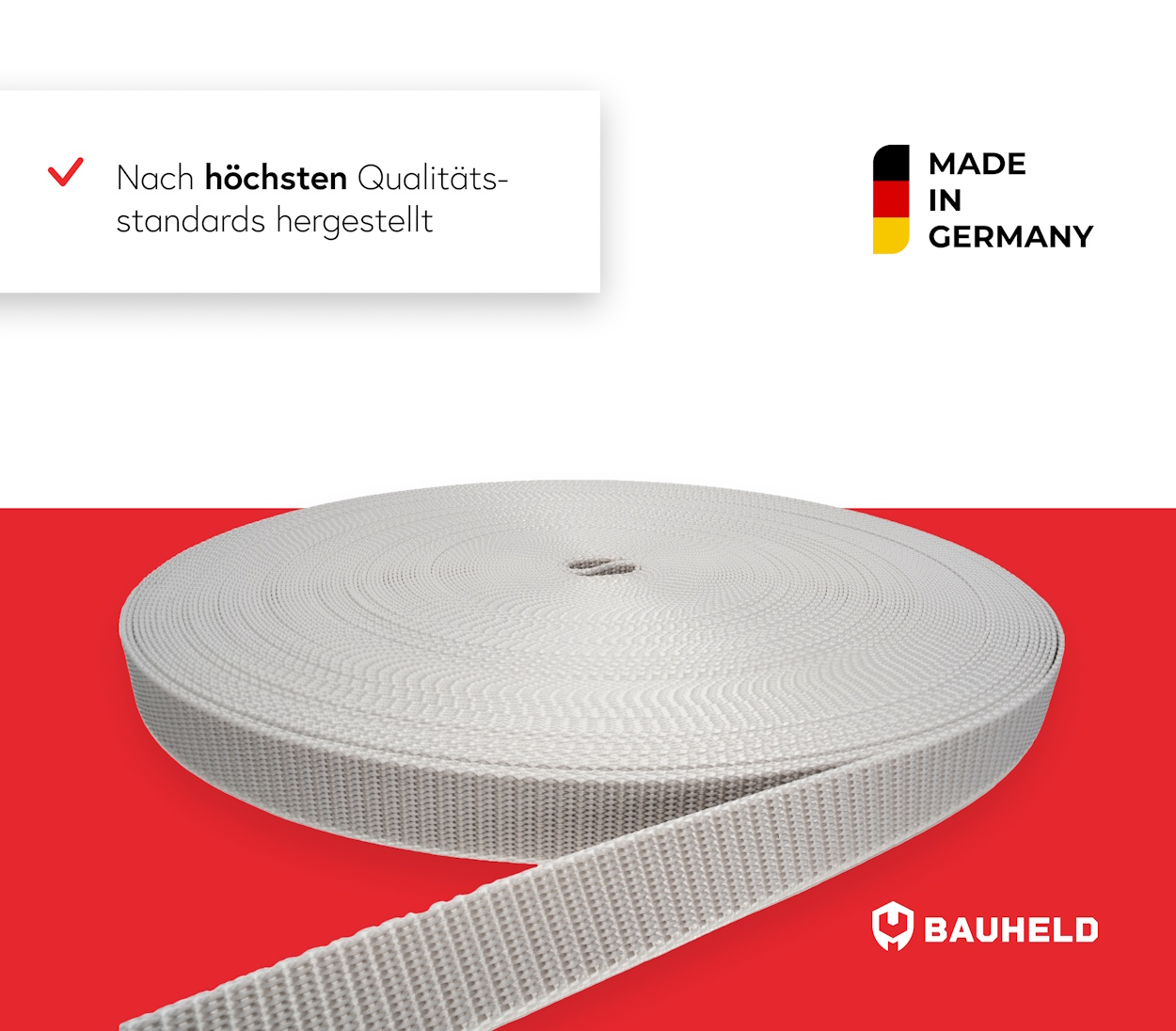 Eine Rolle hellgrauen Gurtbands mit dem Text Made in Germany.