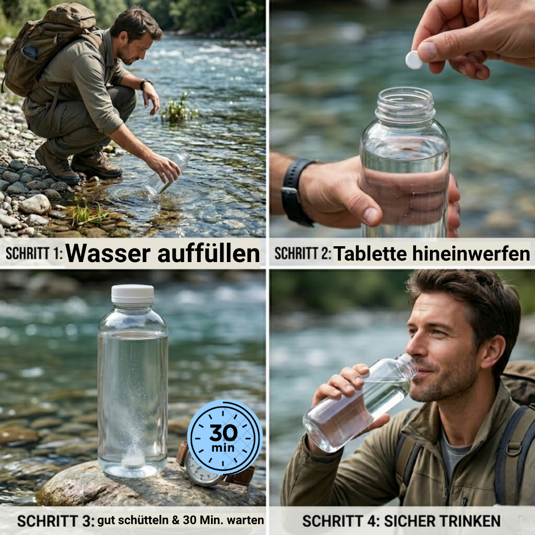 Vier Schritte zur Wasseraufbereitung: Wasser schöpfen, Tablette, schütteln, trinken.