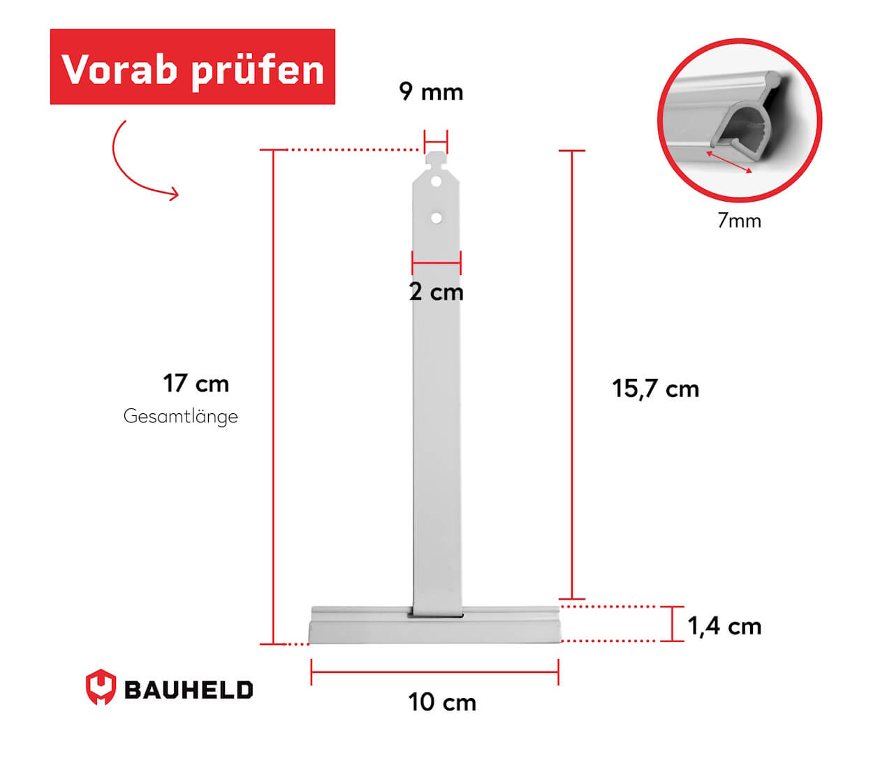 Diagramm einer Metallhalterung mit Maßen: 17cm Gesamtlänge, 10cm Basis, 9mm Breite.