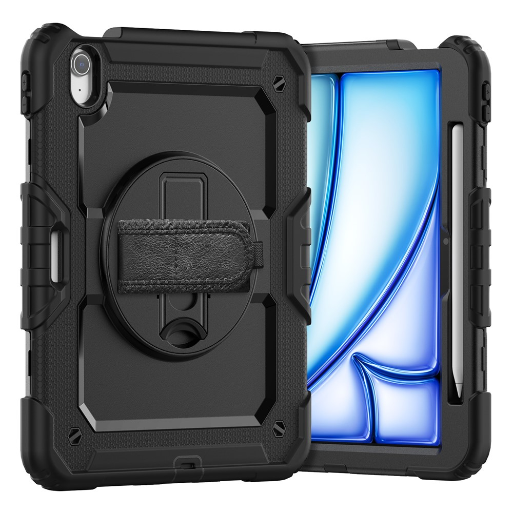 Schwarze robuste Tablet-Hülle mit Ständer und Stifthalter, Vorderansicht.