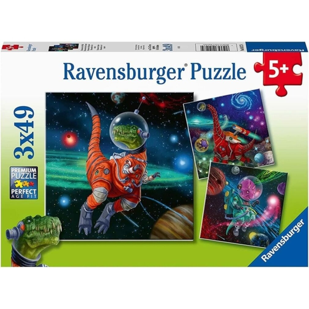 Puzzle Ravensburger: Dinosauro spaziale in tuta spaziale arancione. 3x49 pezzi.