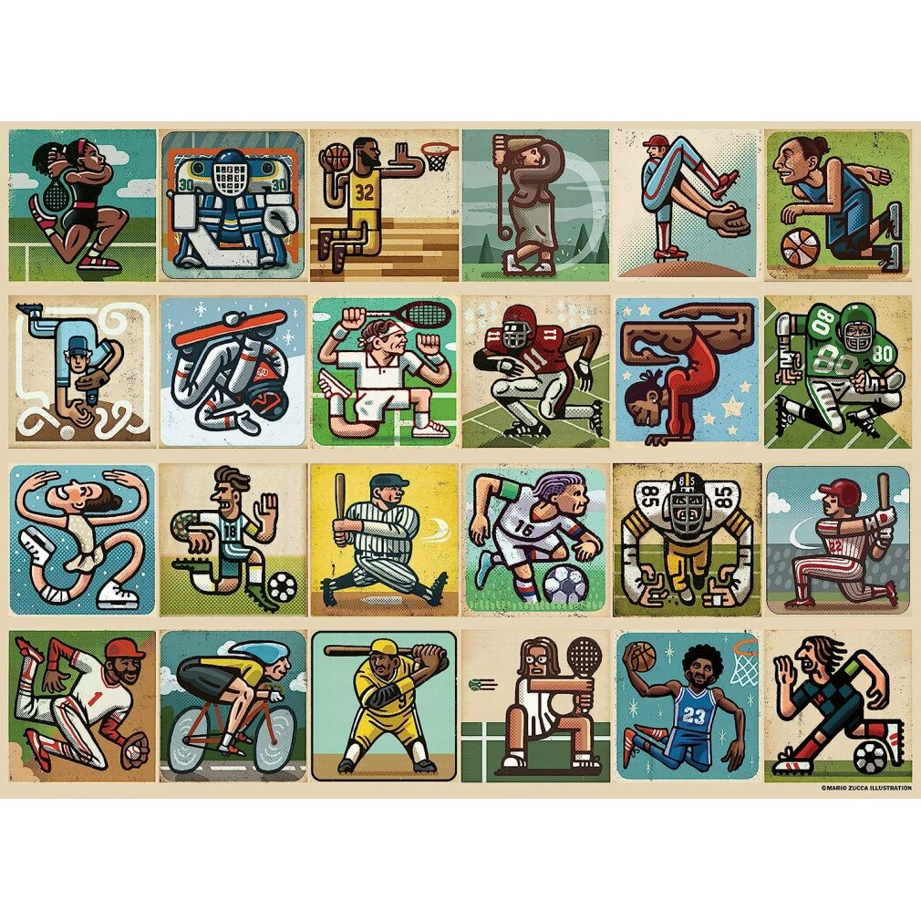 Collage di 24 figure sportive a cartoni animati in griglia: tennis, hockey, basket, baseball, calcio, ciclismo, football americano e altro.