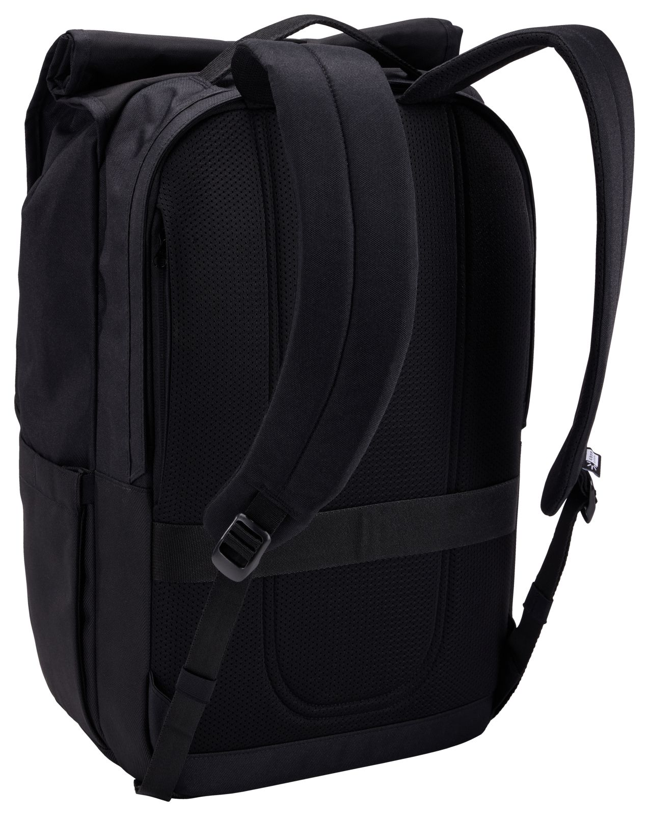 Schwarzer Rucksack mit gepolsterten Trägern und atmungsaktivem Rücken.