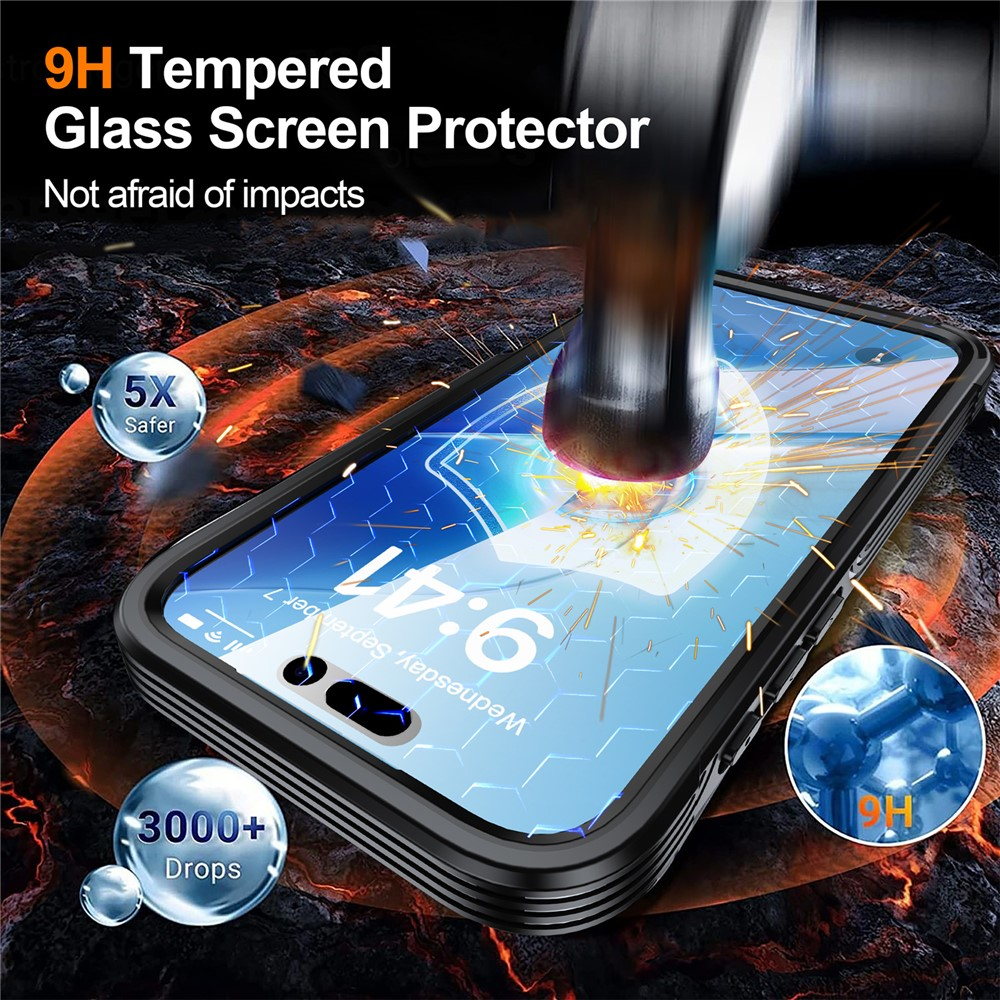 Un martello colpisce uno smartphone con protezione schermo. Durezza 9H.