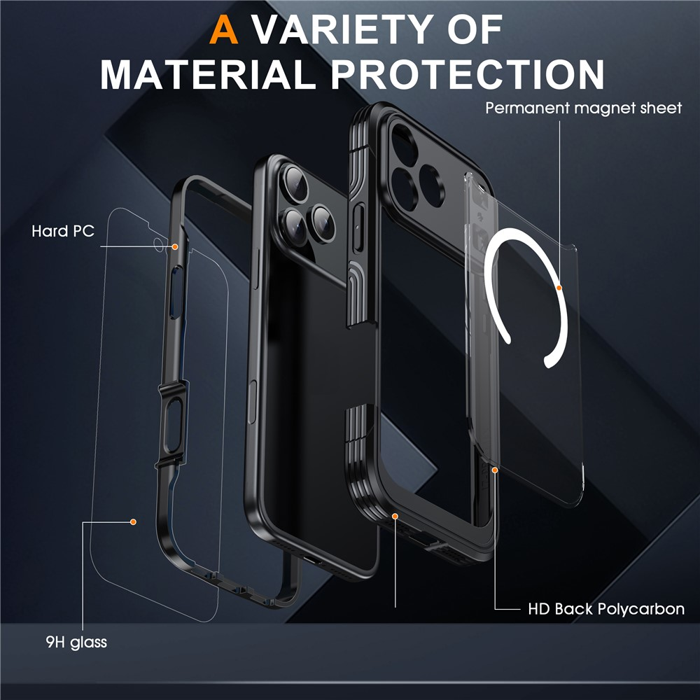 Vista esplosa di una custodia per telefono che mostra PC rigido, vetro 9H e foglio magnetico.