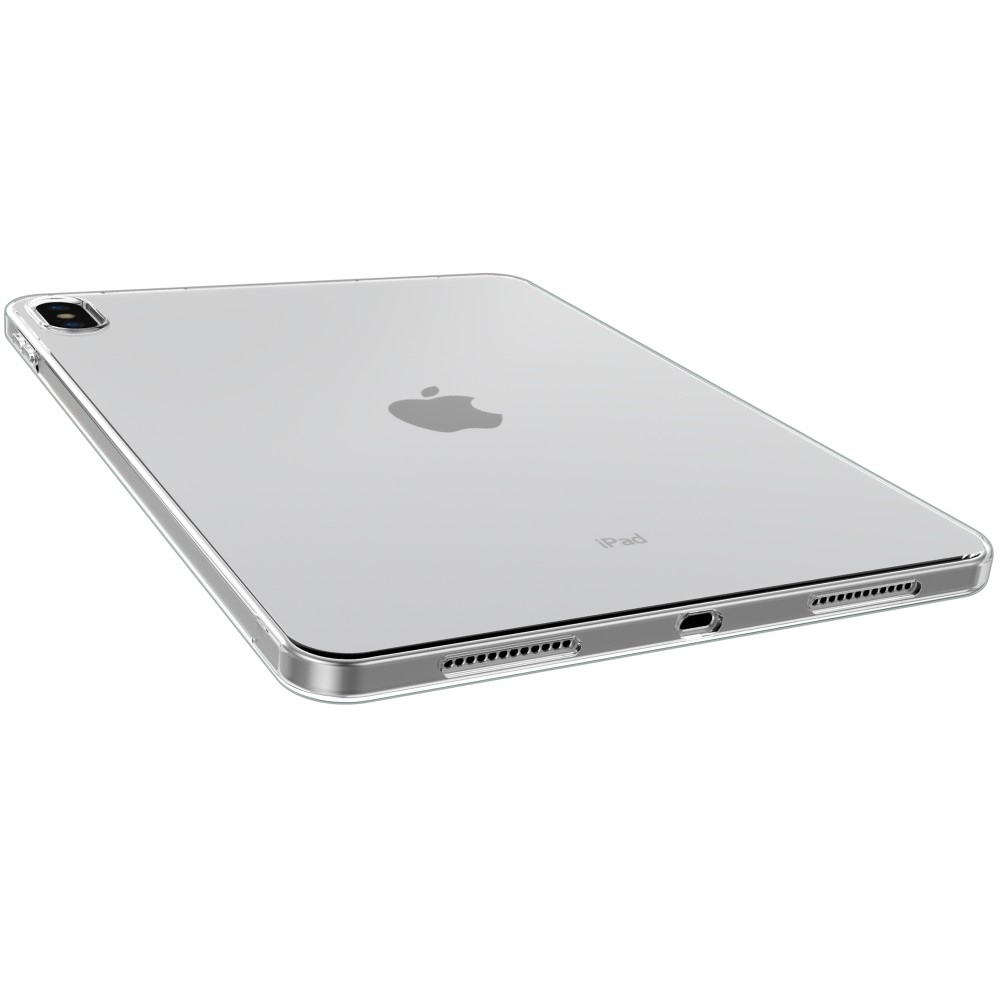 Ein transparenter iPad-Schutz mit Apple-Logo und Ladeanschluss.