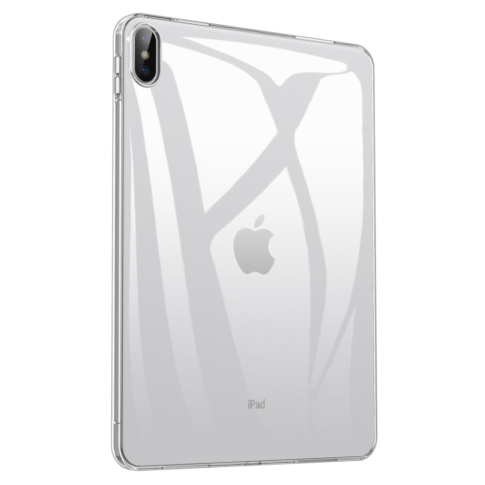 Rückseite einer durchsichtigen iPad-Hülle mit Apple-Logo und 'iPad'-Text.