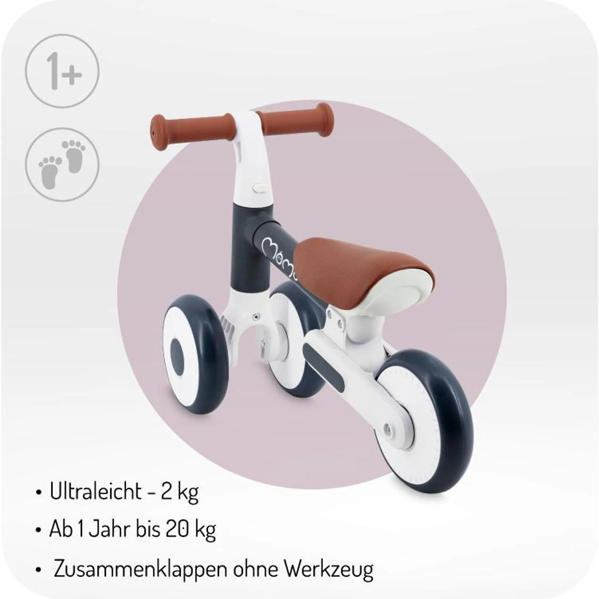 Ein ultraleichter Laufrad für Kinder ab 1 Jahr mit braunem Sattel.