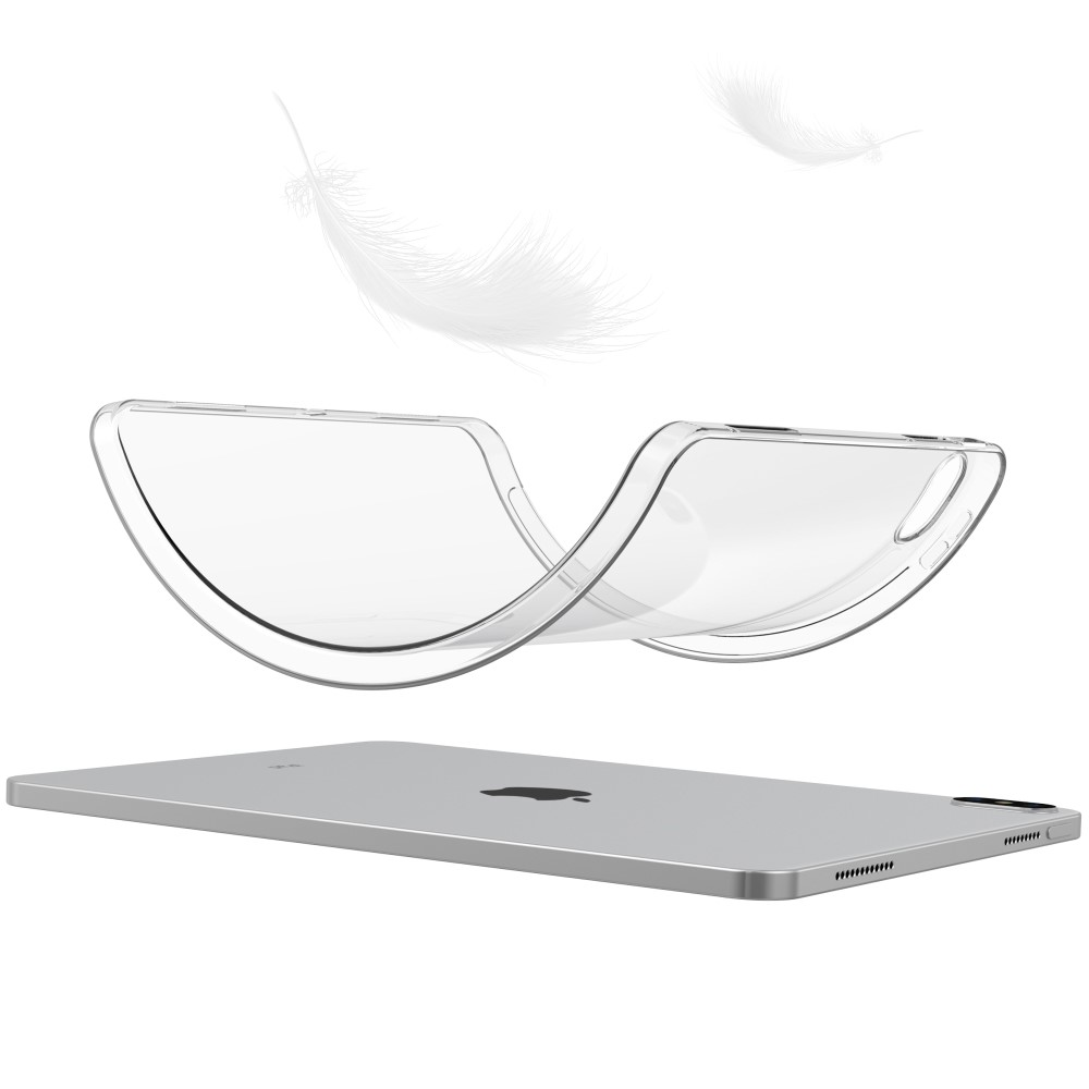 Eine transparente Schutzhülle schwebt über einem silbernen Tablet.
