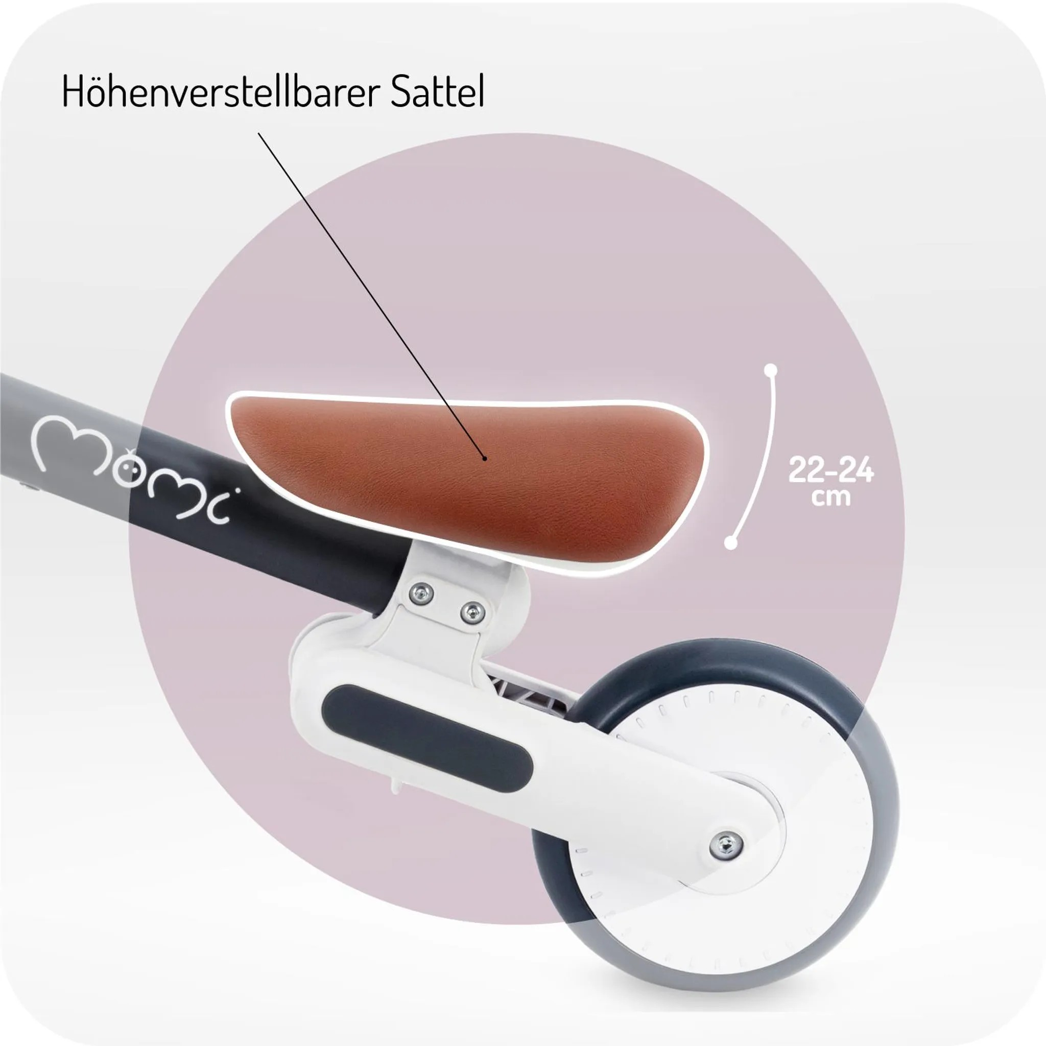 Verstellbarer Sattel eines Laufrads mit Markierung für 22-24 cm.