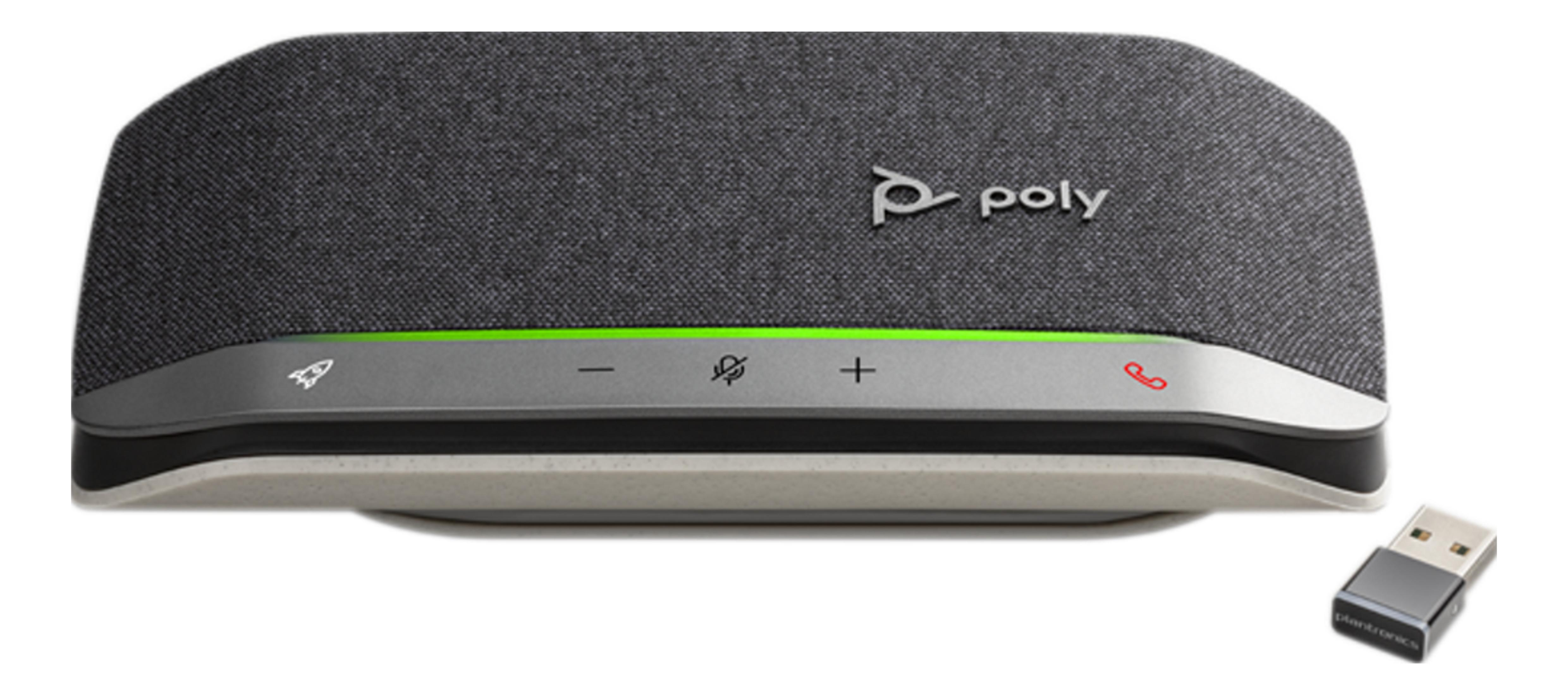 Vivavoce Poly con controlli chiamata e dongle USB. Barra luminosa verde.