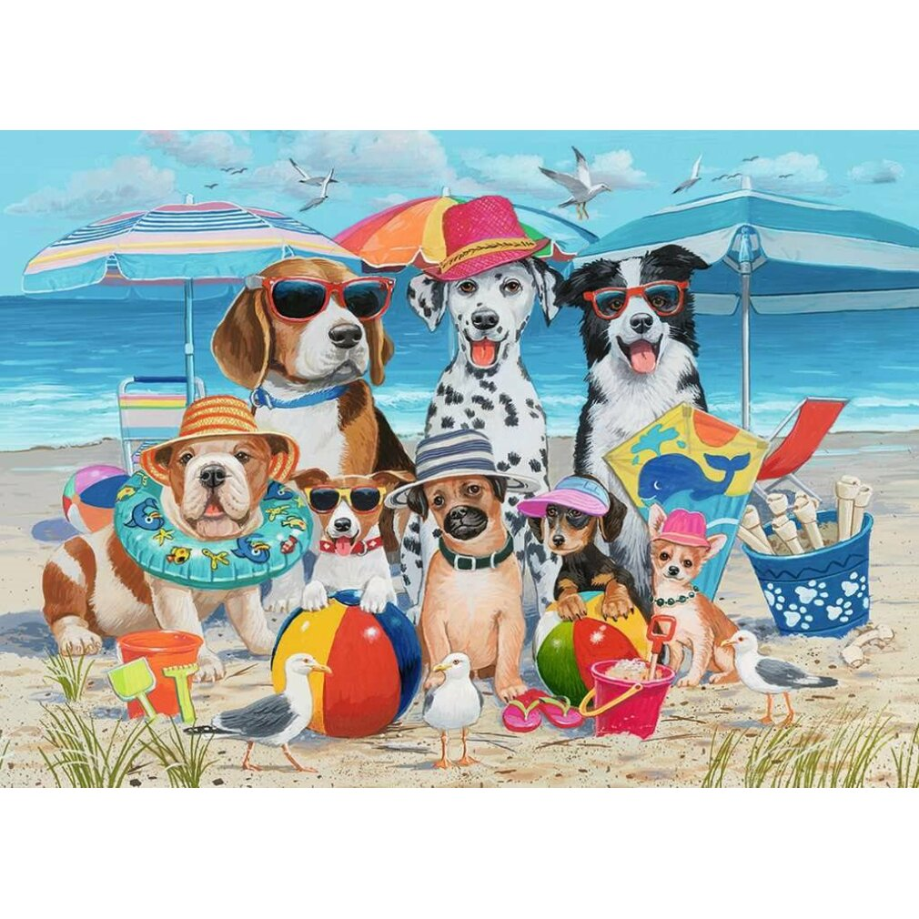 Cani in spiaggia con ombrelloni, giochi da spiaggia e gabbiani.