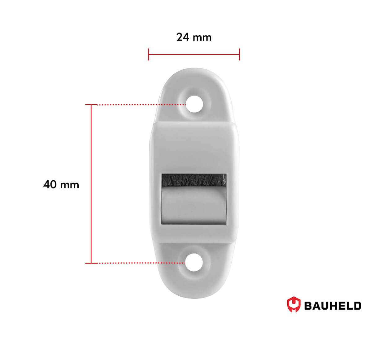 Ein weißer Kunststoffclip mit Maßen 40 mm x 24 mm und einem Bürsteneinsatz.