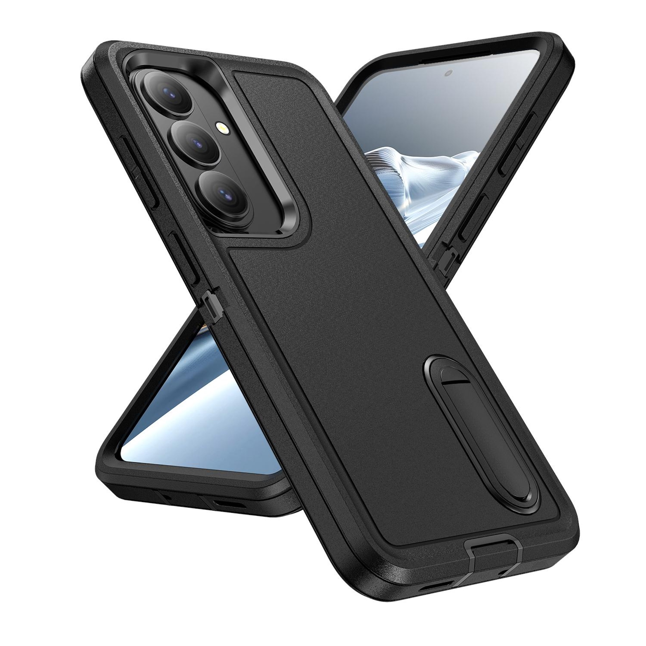 Funda de teléfono negra con soporte, muestra recorte de cámara triple.
