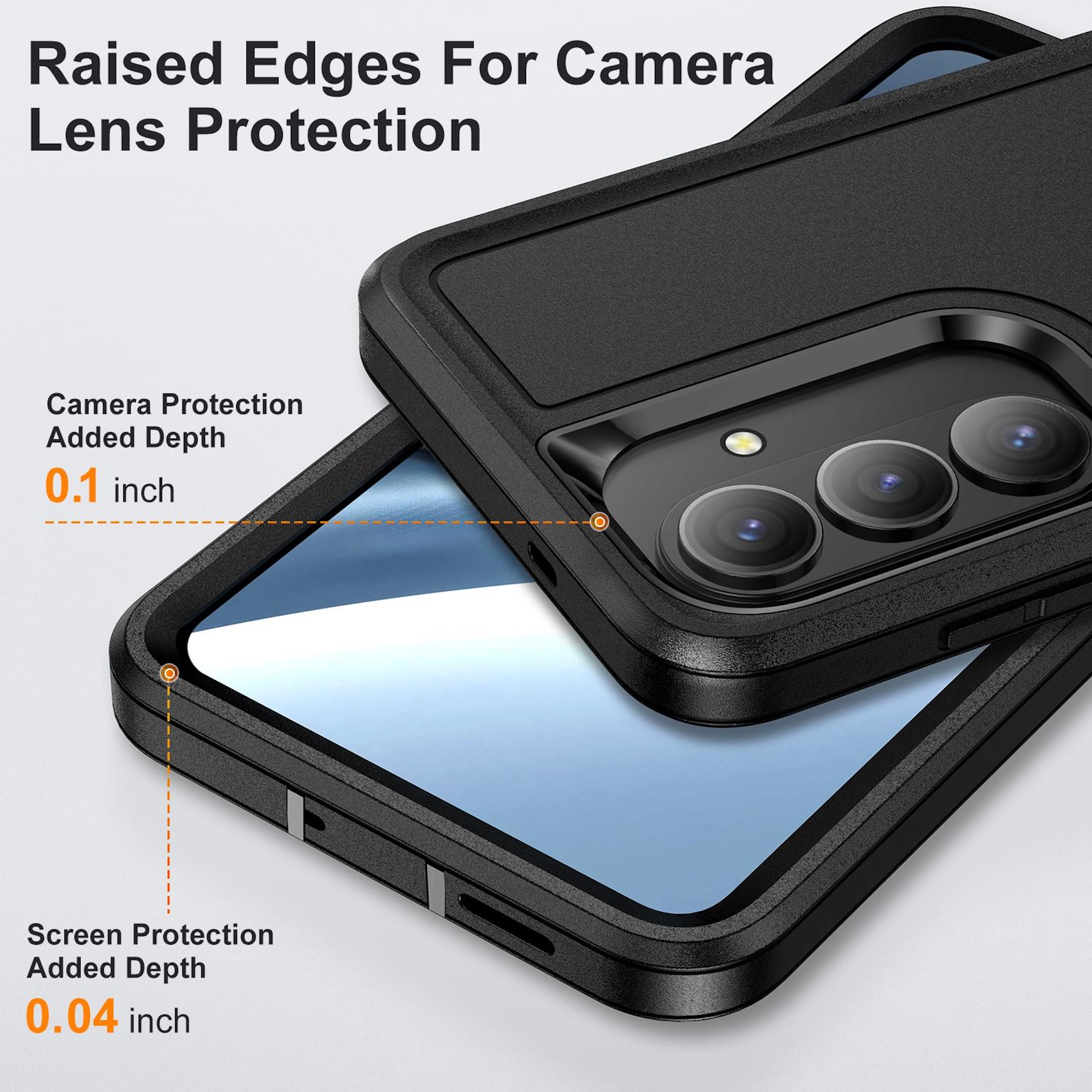 Funda de teléfono negra con bordes elevados para protección de cámara y pantalla.