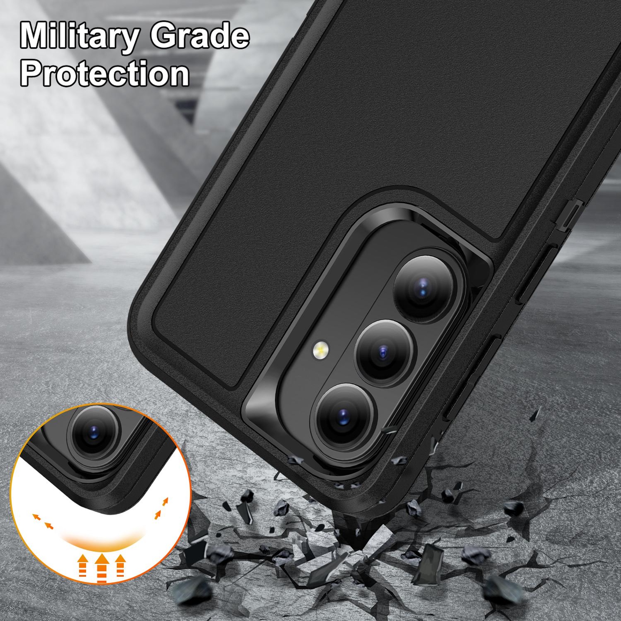 Funda de teléfono negra cayendo sobre suelo agrietado, "Military Grade Protection".