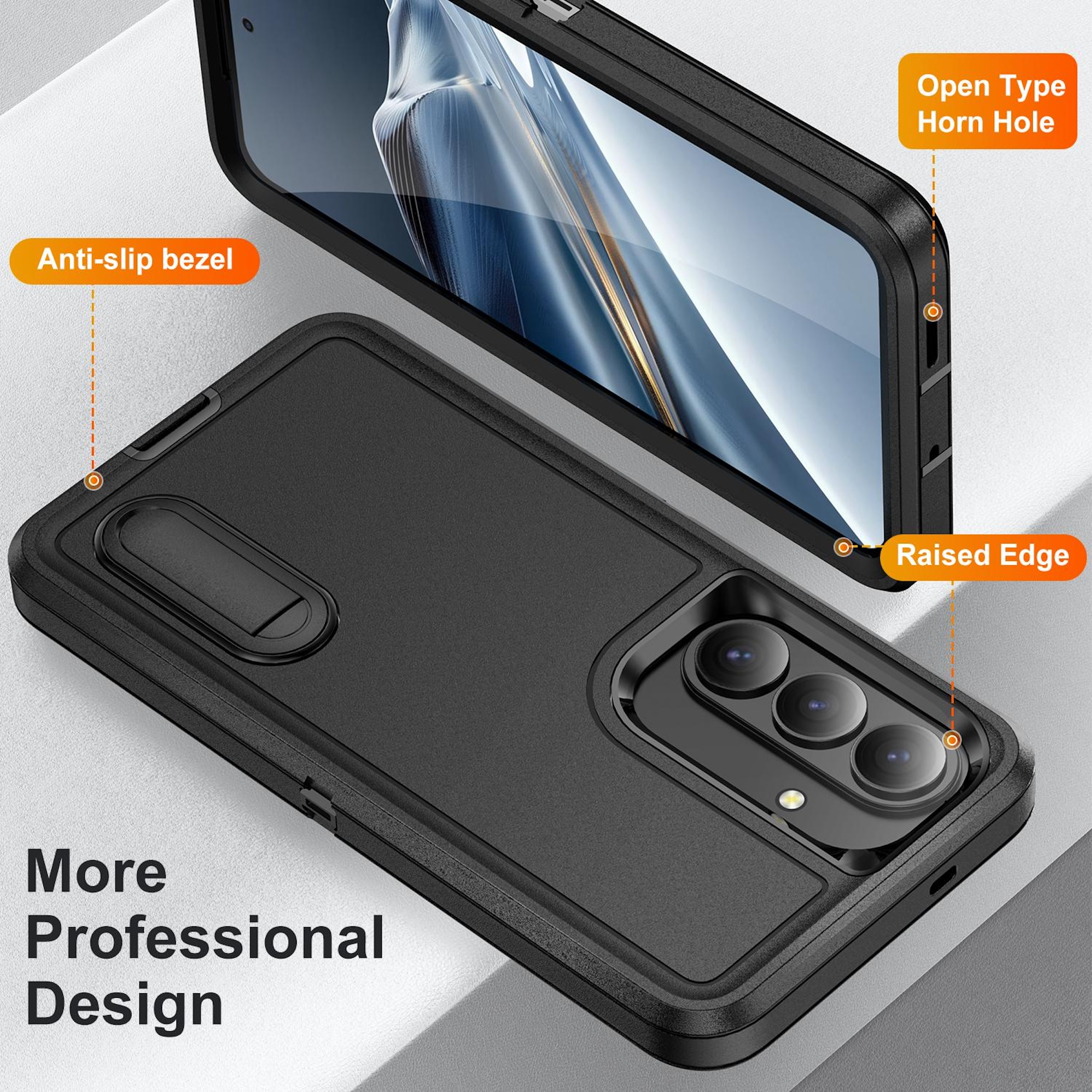 Funda negra para teléfono con soporte, bisel antideslizante y borde elevado.