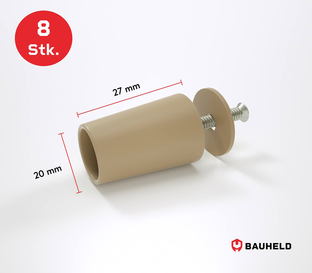 Ein beige Rohr mit Schraube und Unterlegscheibe. 27mm x 20mm.