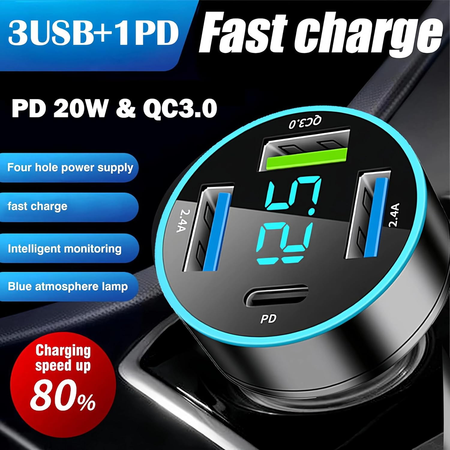 Ein USB-Autoladegerät mit 3 USB- und 1 PD-Anschluss, blaue Beleuchtung und digitale Anzeige.