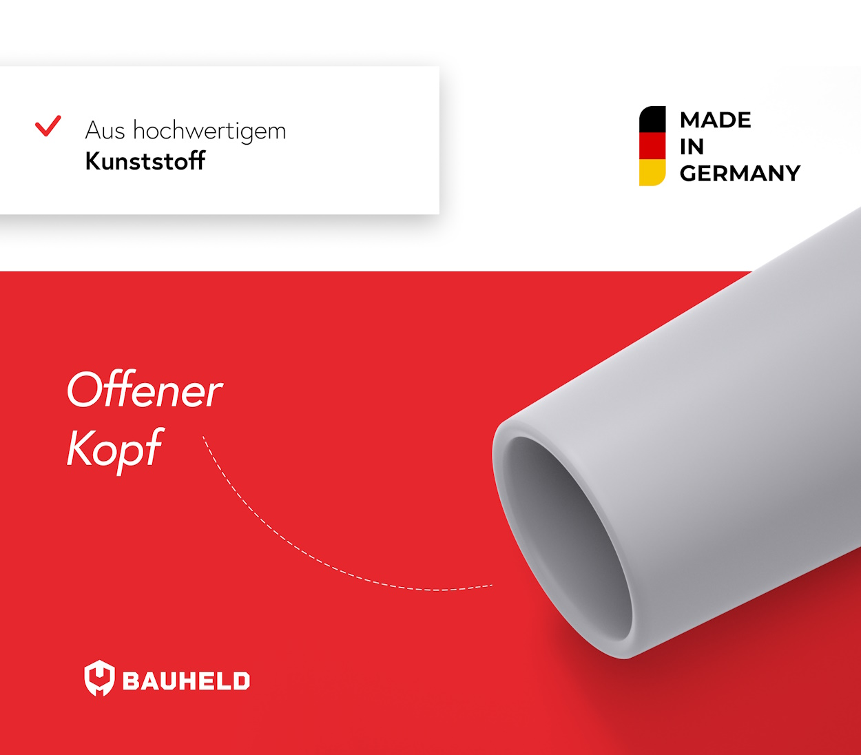 Graues Rohr mit "Offener Kopf" auf rotem Grund. "Made in Germany".