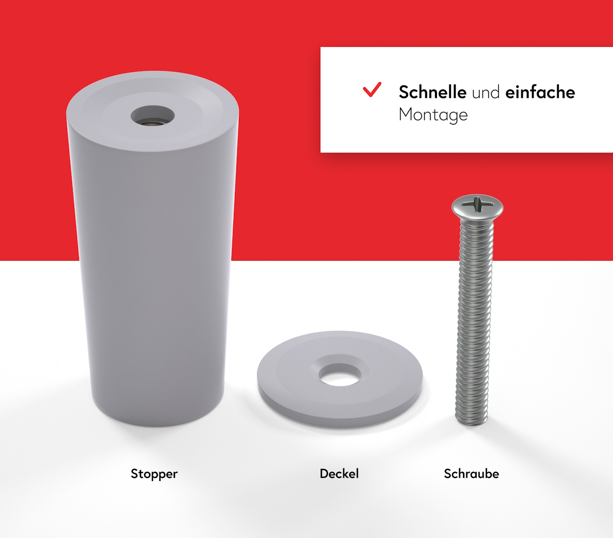 Grauer Stopper, Deckel und Schraube auf weißem und rotem Hintergrund.