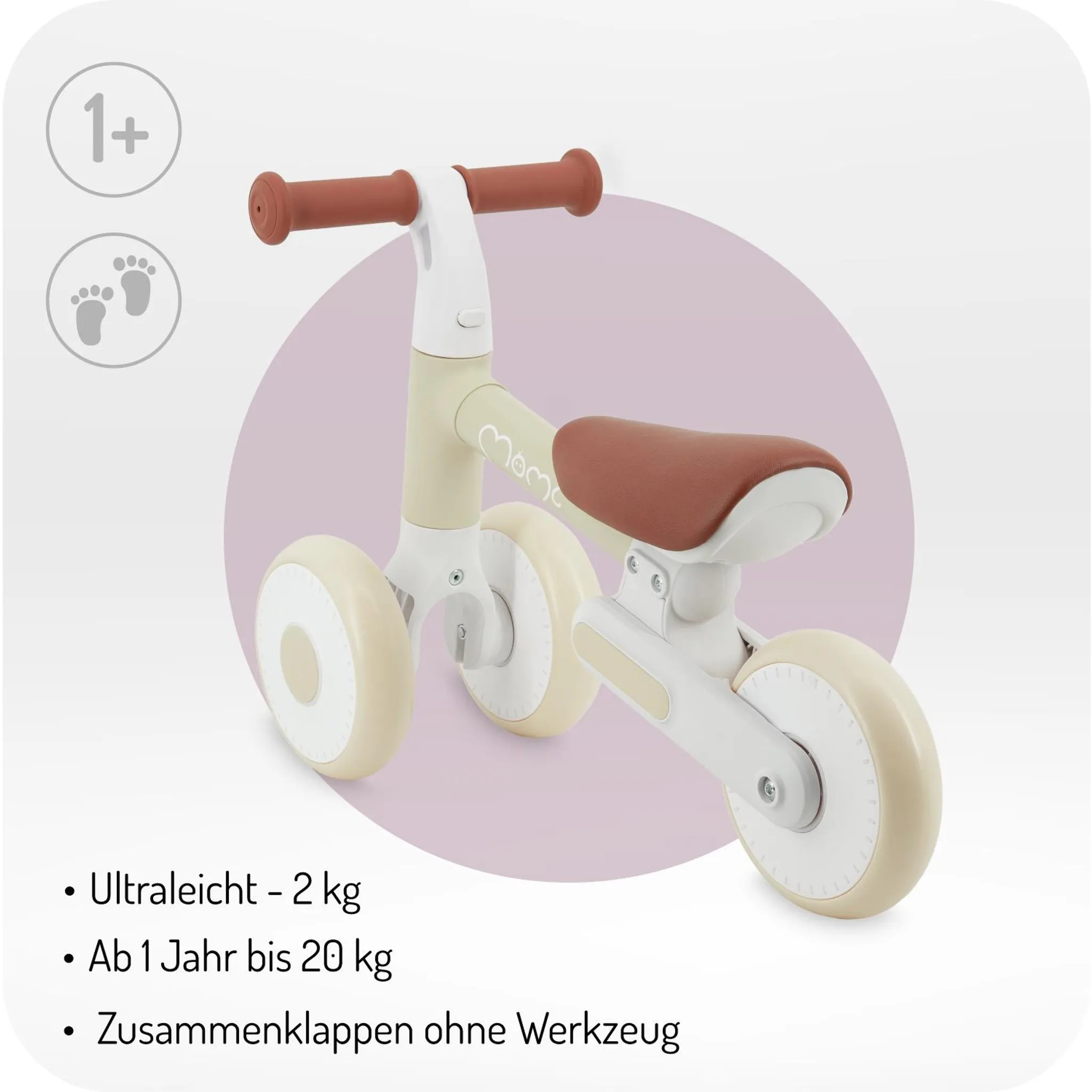 Ein hellbeiges Laufrad mit braunen Griffen und Sitz für Kleinkinder.