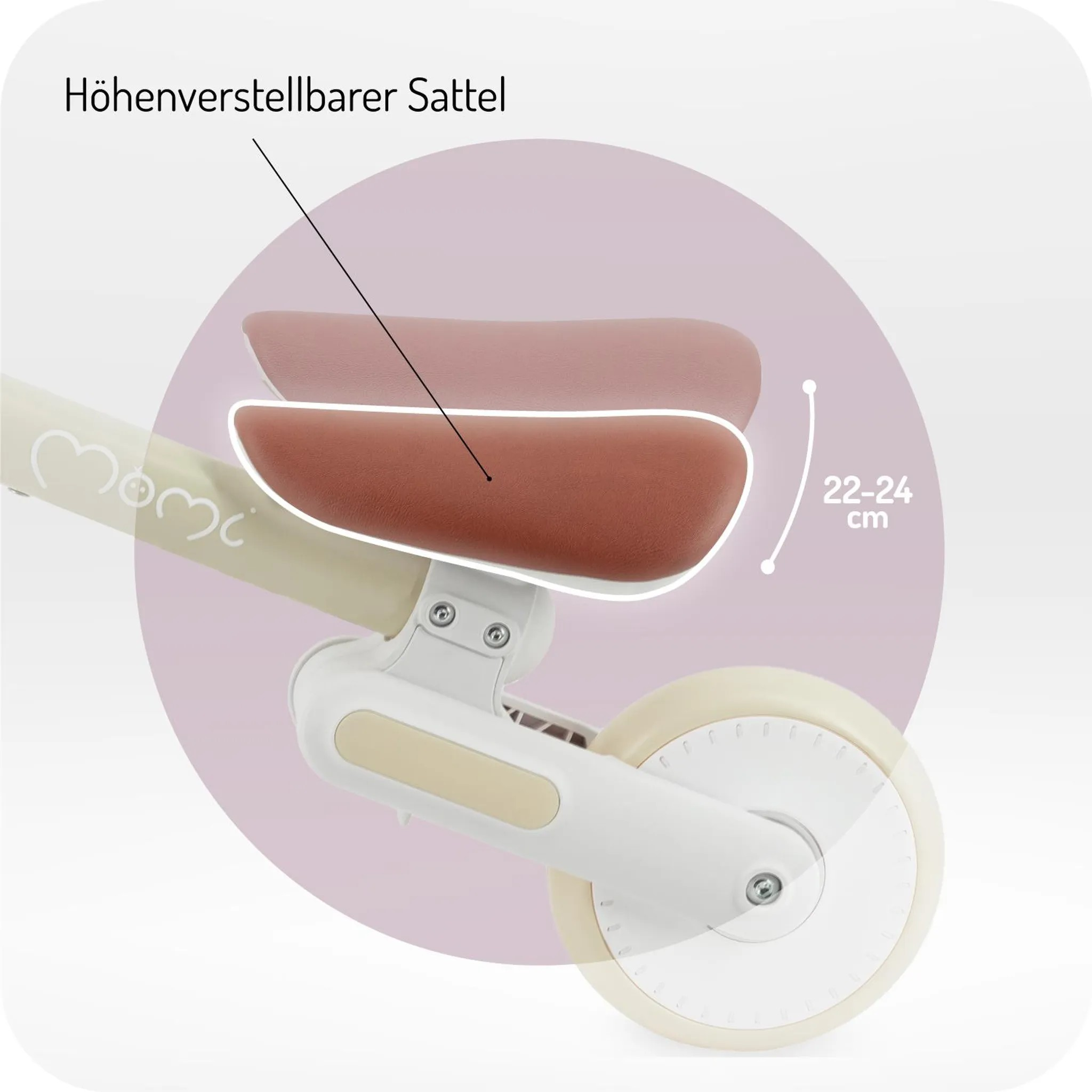 Ein beige Kinderlaufrad-Sattel mit einem Verstellbereich von 22-24 cm.