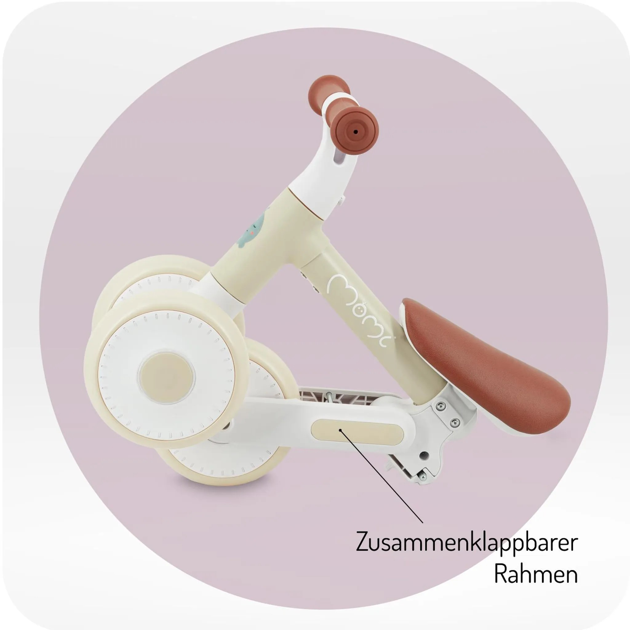 Ein beiges Kinderfahrrad mit braunen Griffen und Sitz. Klappbarer Rahmen.