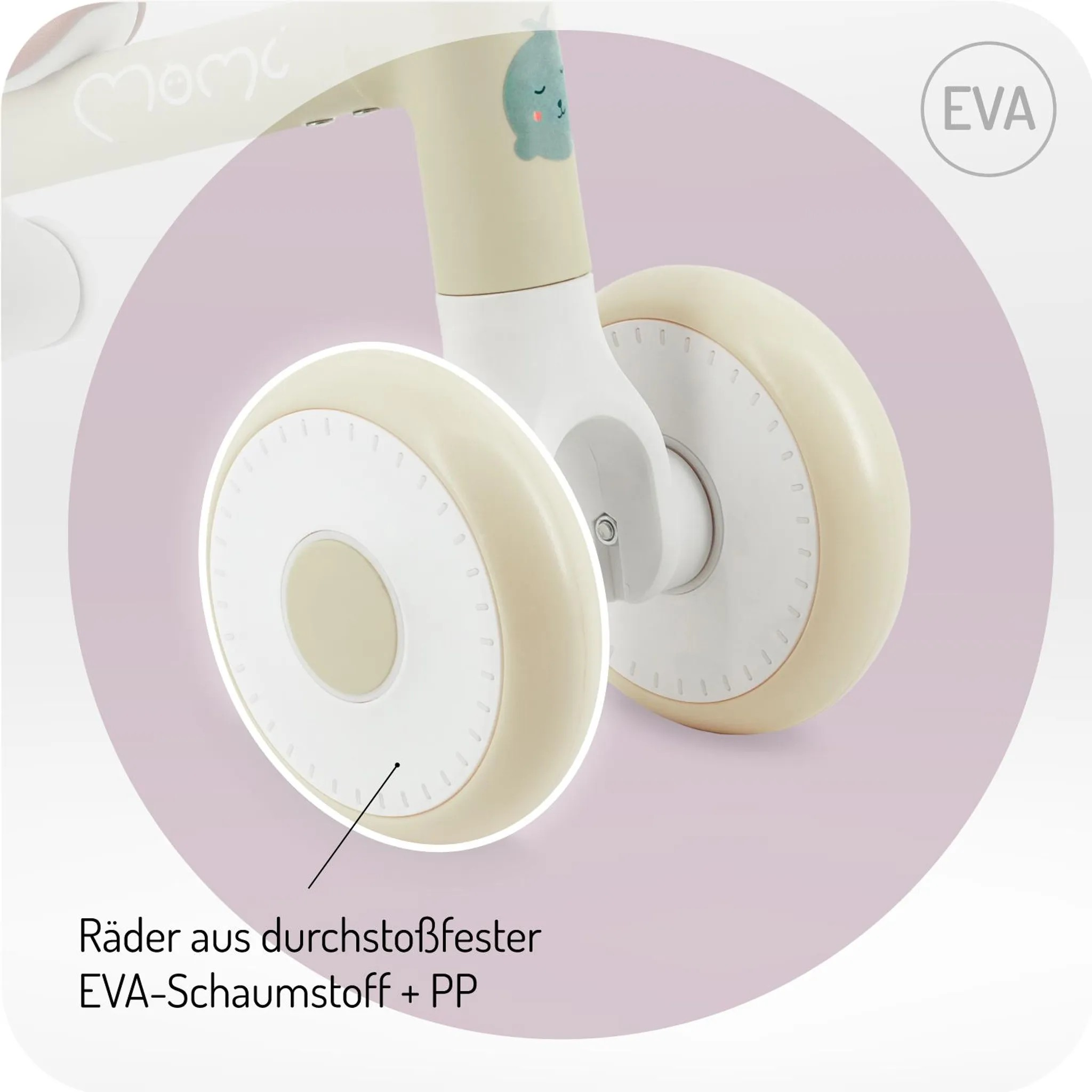 Nahaufnahme der beigen Räder eines Laufrads aus EVA-Schaumstoff und PP.
