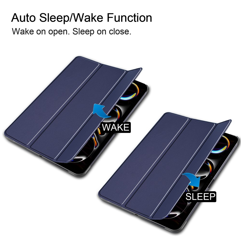 Blaues Tablet-Case zeigt "WAKE" und "SLEEP" Funktion.